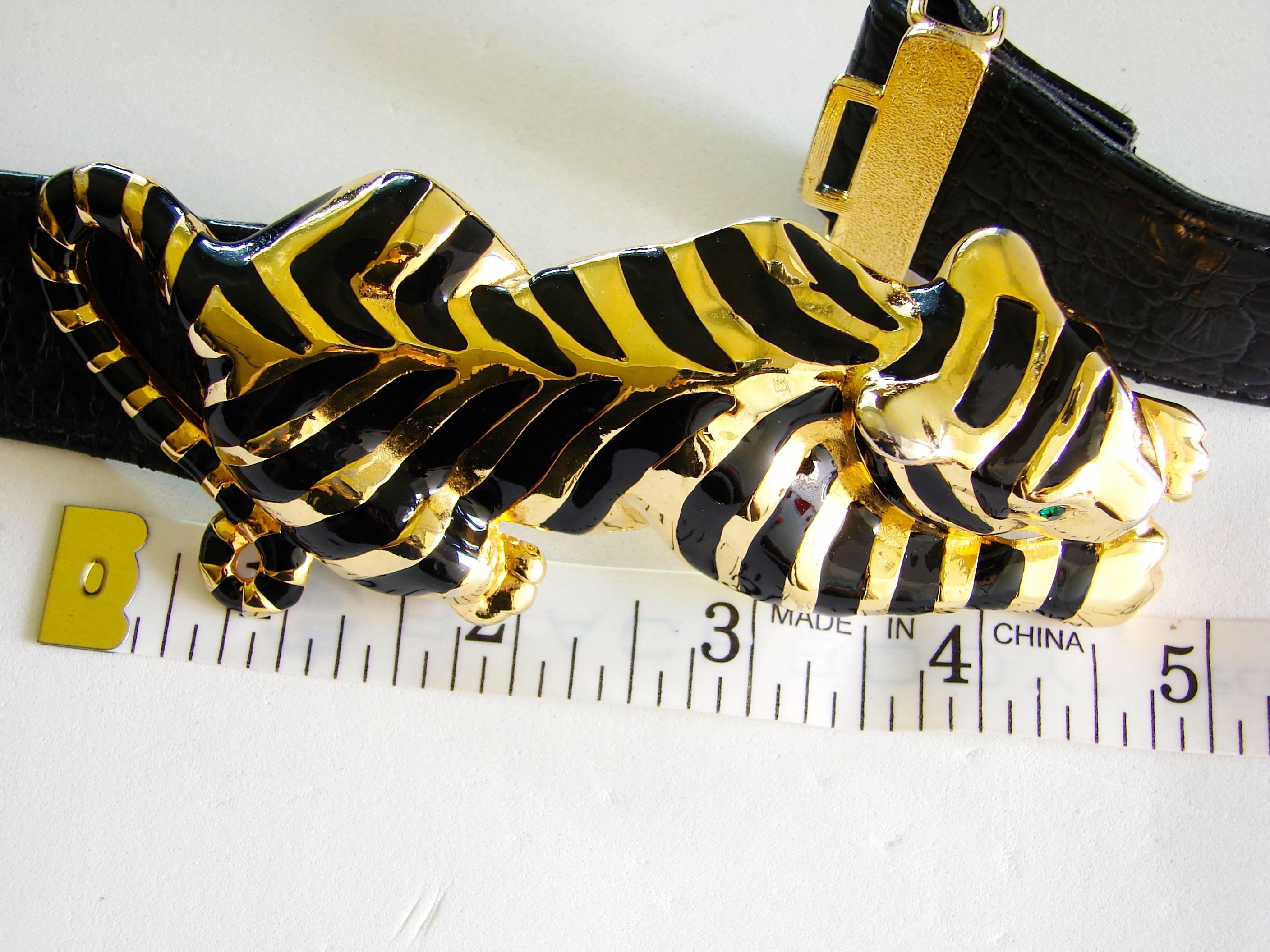 Women's Gold Striped Tiger Belt Buckle Large 5 inches + Strap Hattie Carnegie Attr. 70s