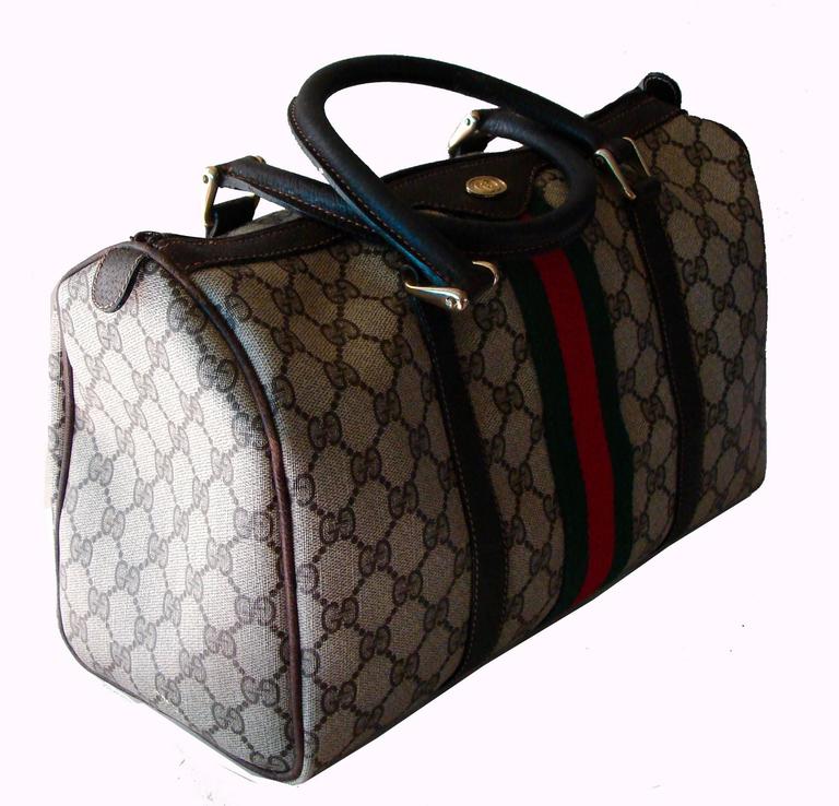 speedy gucci handbags Gucci Speedy Satchel Boston Bag Brown Leather + Monogram Canvas Web 1970s at 1stdibs