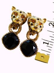 Spotted Leopard Head Earrings with Indigo Blue Crystal Clip Style Graziano 90s