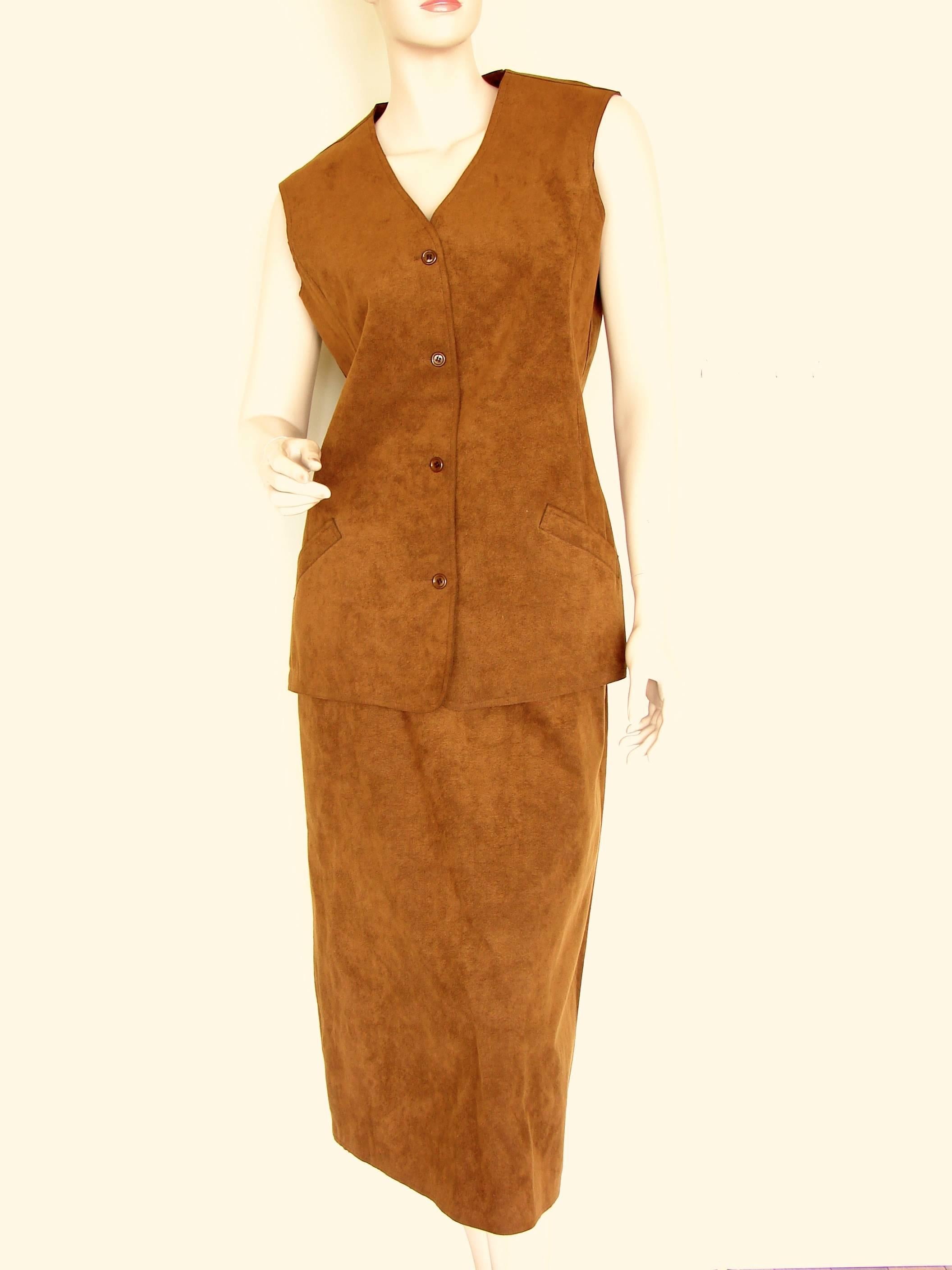 This vintage vest and skirt ensemble was created by Halston in the early 1970s.  In excellent condition, we suspect this set has never been worn (or was worn very gently!)  The vest measures, taken flat and doubled where appropriate: bust - 38