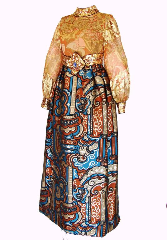 Burke Amey Evening Gown Belted Silk + Bold Brocade Tapestry Dress Sz S