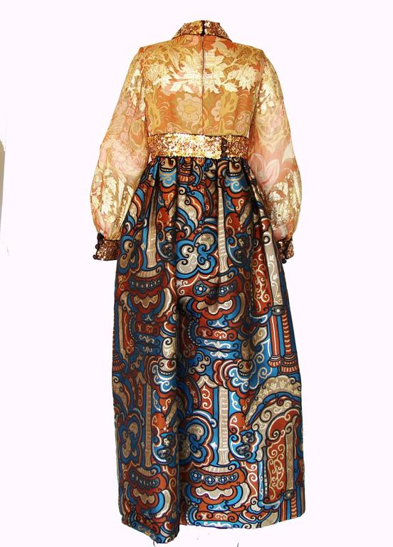 Burke Amey Evening Gown Belted Silk + Bold Brocade Tapestry Dress Sz S