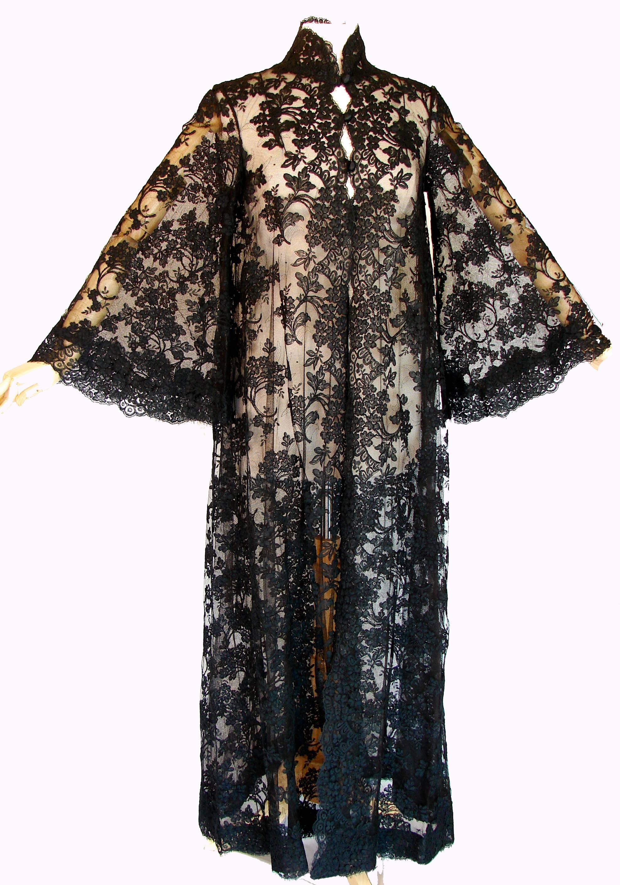 Ron Amey Attr. Fabulous Black Lace Opera Coat with Angel Sleeves Size M 1970s In Excellent Condition In Port Saint Lucie, FL