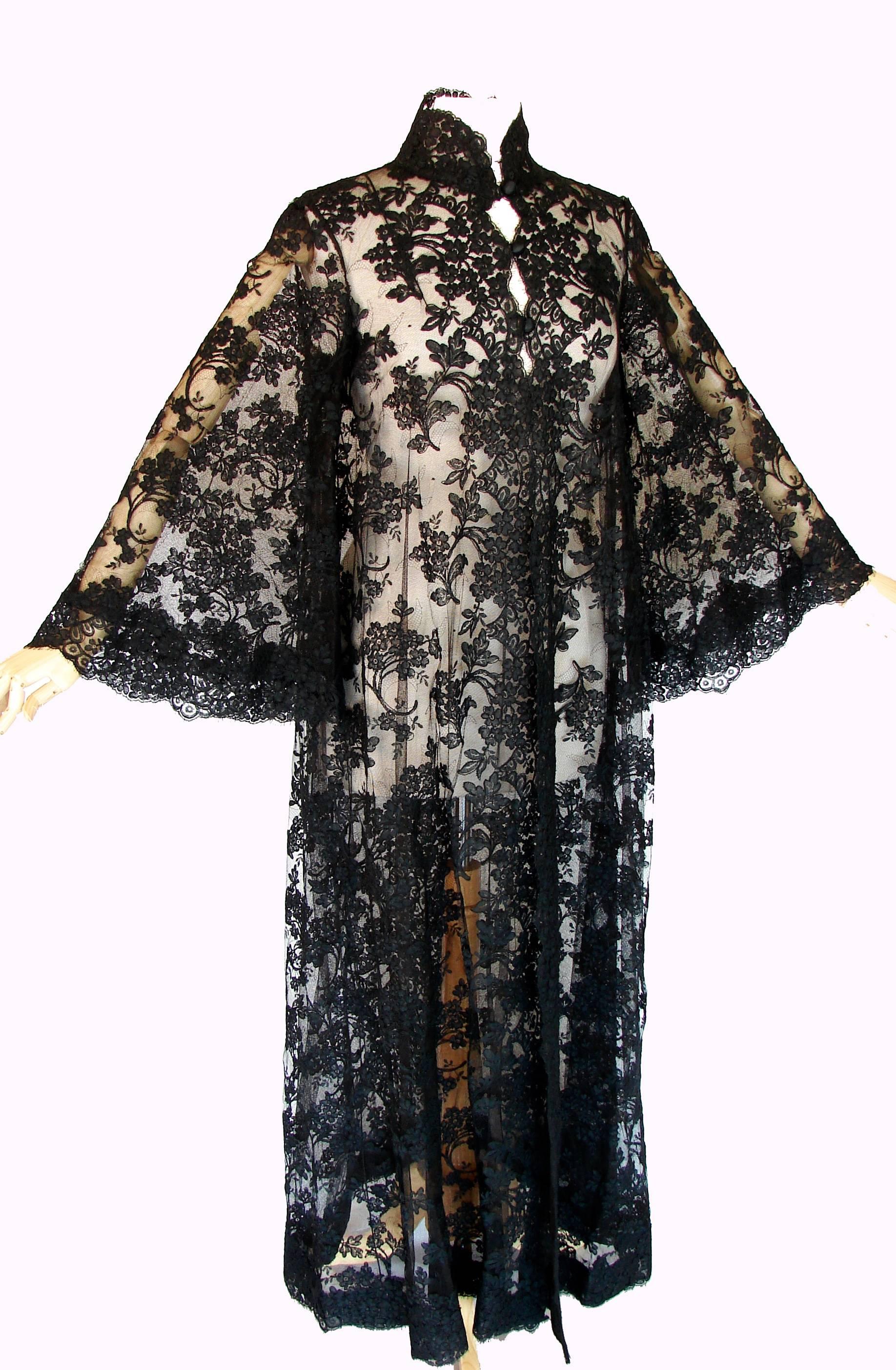 Ron Amey Attr. Fabulous Black Lace Opera Coat with Angel Sleeves Size M 1970s 1