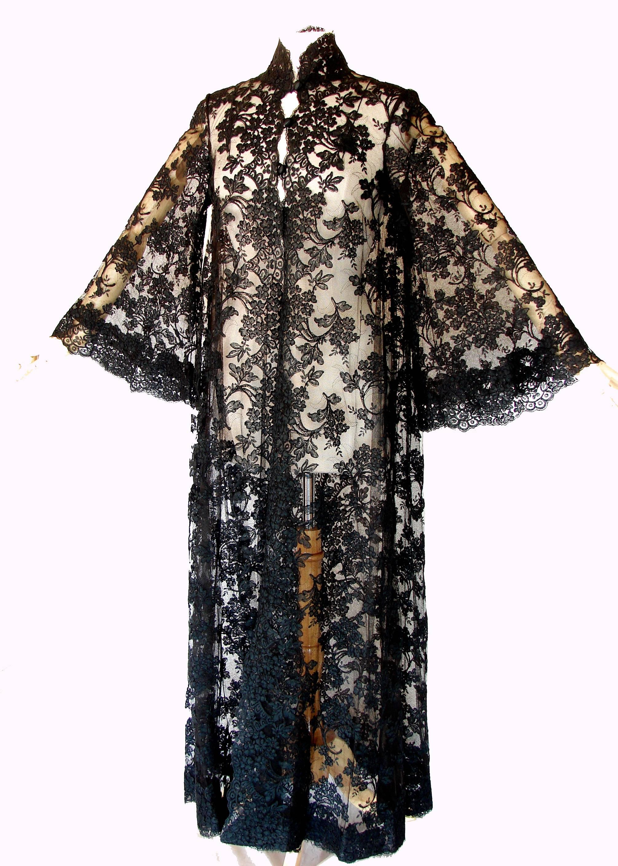 Ron Amey Attr. Fabulous Black Lace Opera Coat with Angel Sleeves Size M 1970s 2