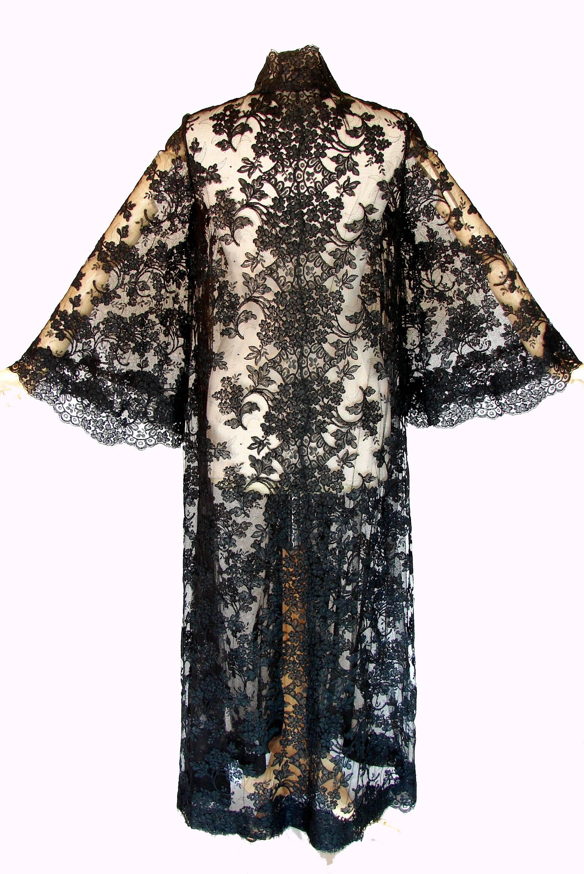 Ron Amey Attr. Fabulous Black Lace Opera Coat with Angel Sleeves Size M 1970s 3