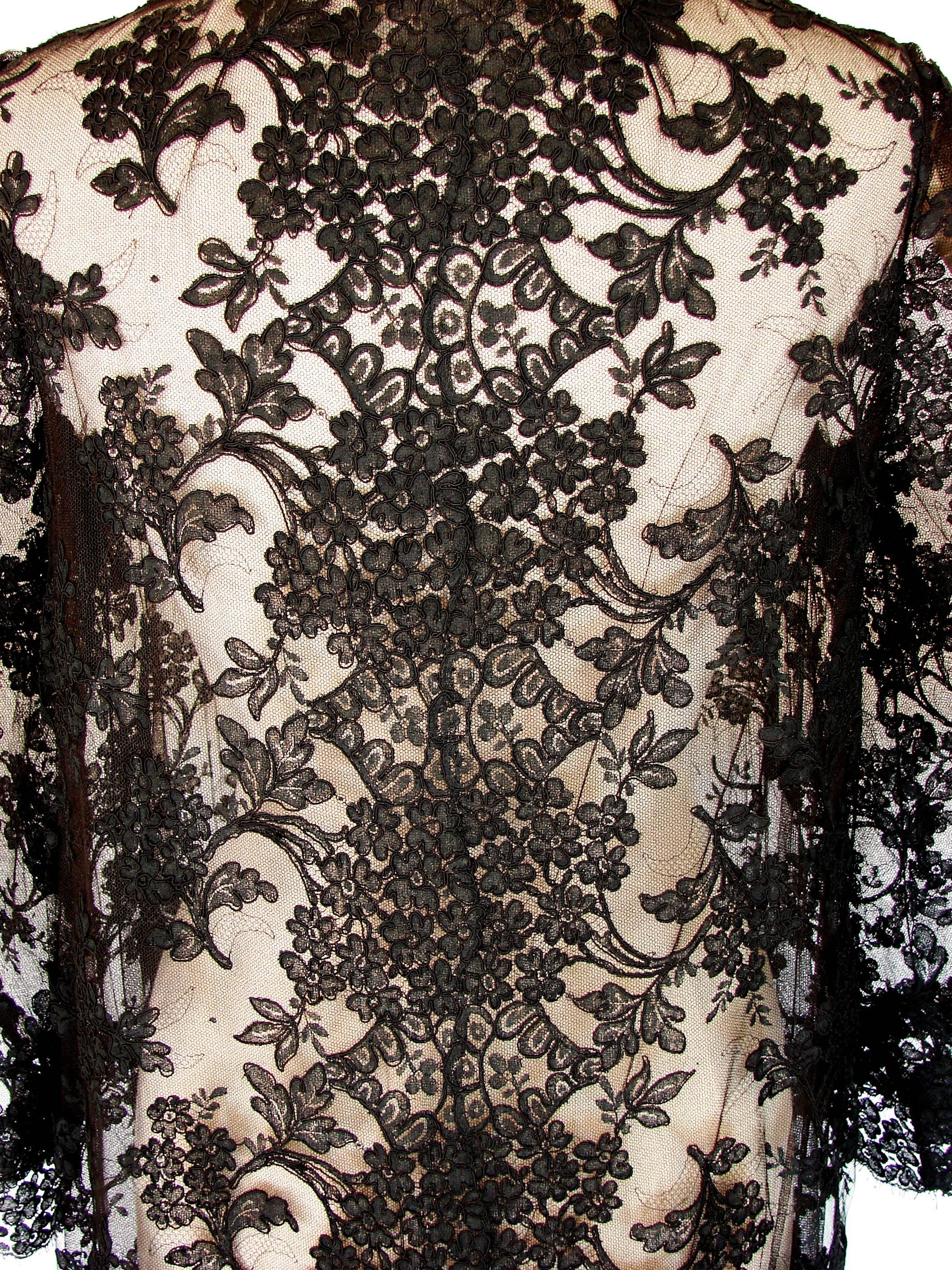 Ron Amey Attr. Fabulous Black Lace Opera Coat with Angel Sleeves Size M 1970s 4