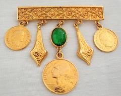 Ben Amun Gold Bar Pin with Etruscan Charms Brooch 1980s