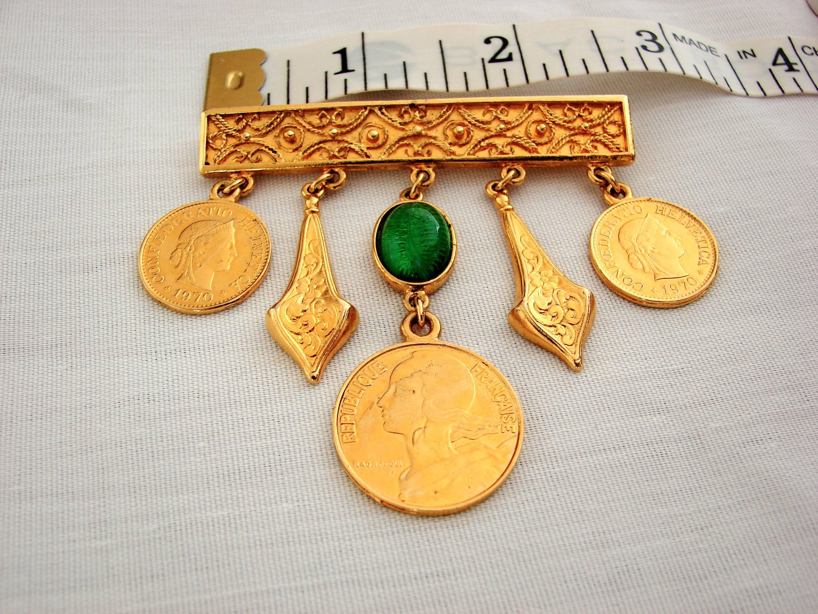 Ben Amun Gold Bar Pin with Etruscan Charms Brooch 1980s  1