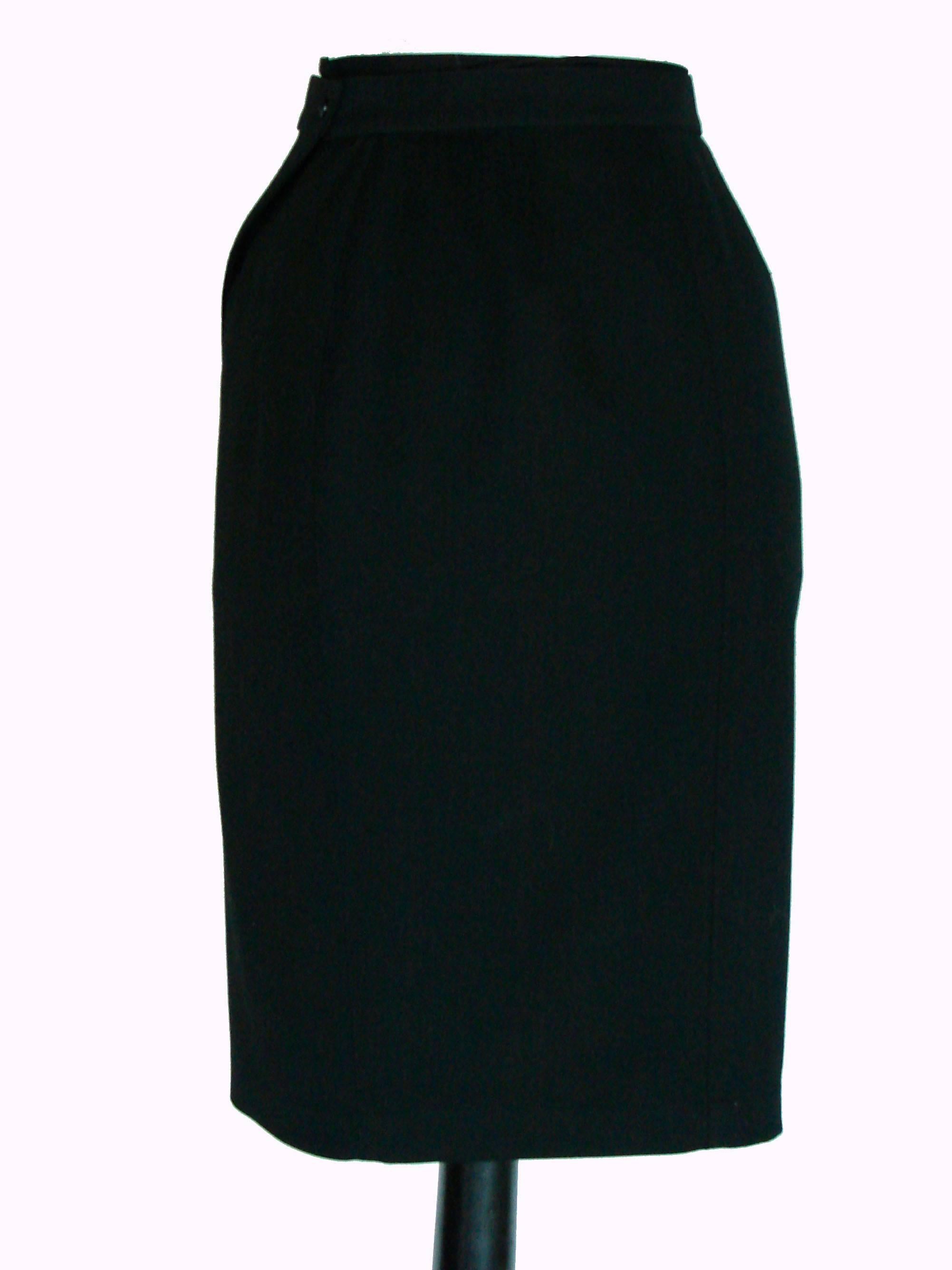 Thierry Mugler Wrap Style Pencil Skirt Black Wool with Velvet Trim 1980s Sz 36 1