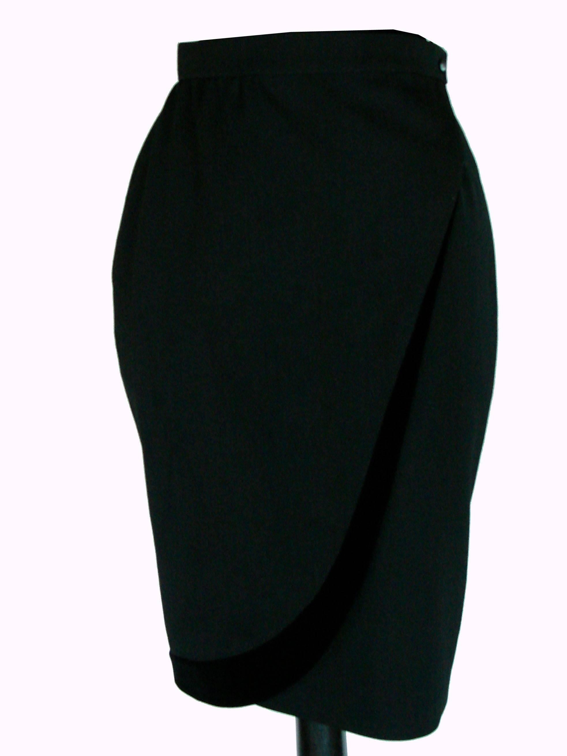 Women's Thierry Mugler Wrap Style Pencil Skirt Black Wool with Velvet Trim 1980s Sz 36