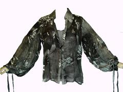 Escada Floral Silk Mesh Blouse with Wrap Tie Bishop Sleeves + Tank Top Sz 42