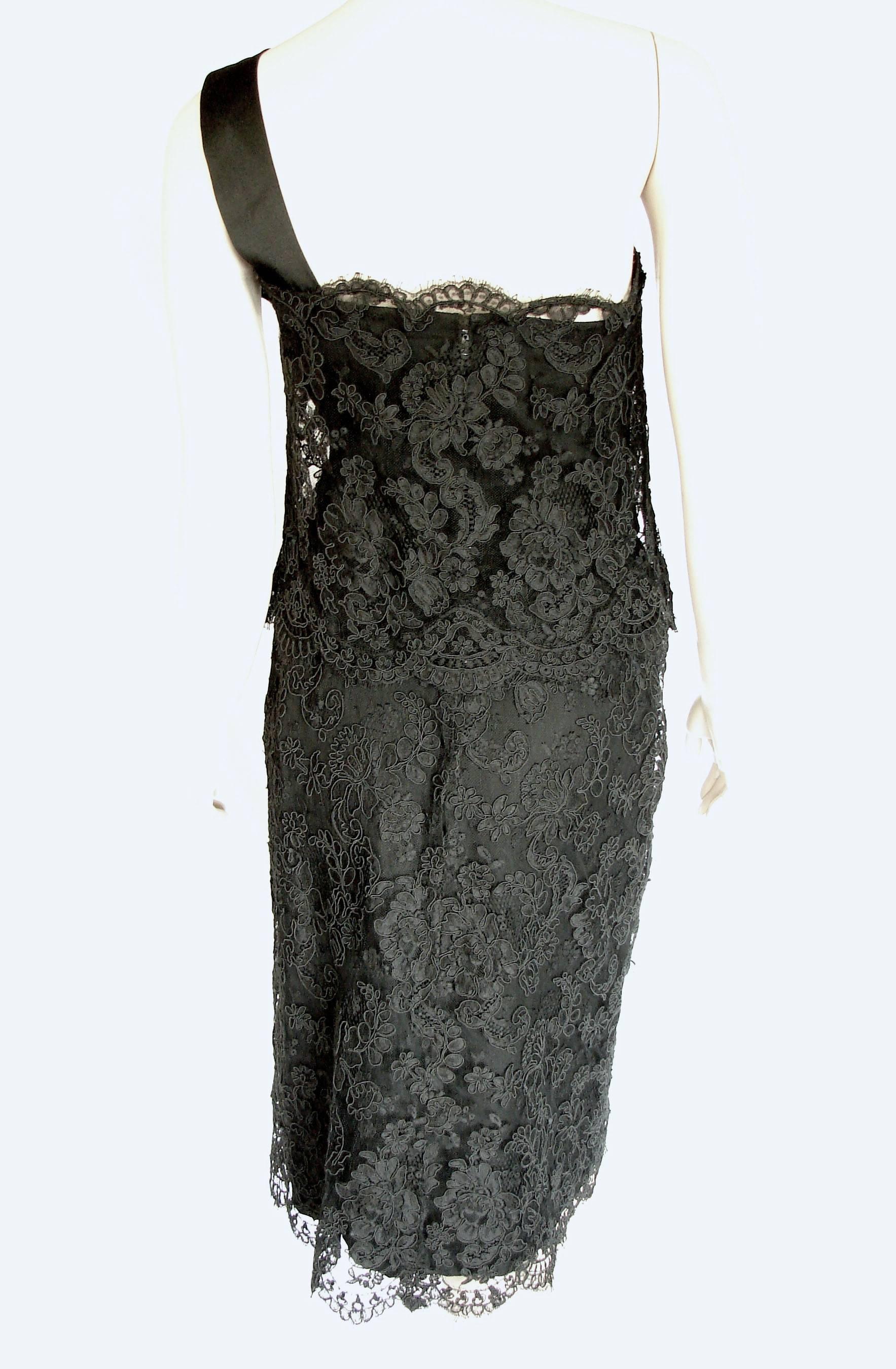 Harvey Berin Black Lace One Shoulder Cocktail Dress Rhinestone Buttons 60s sz12 1