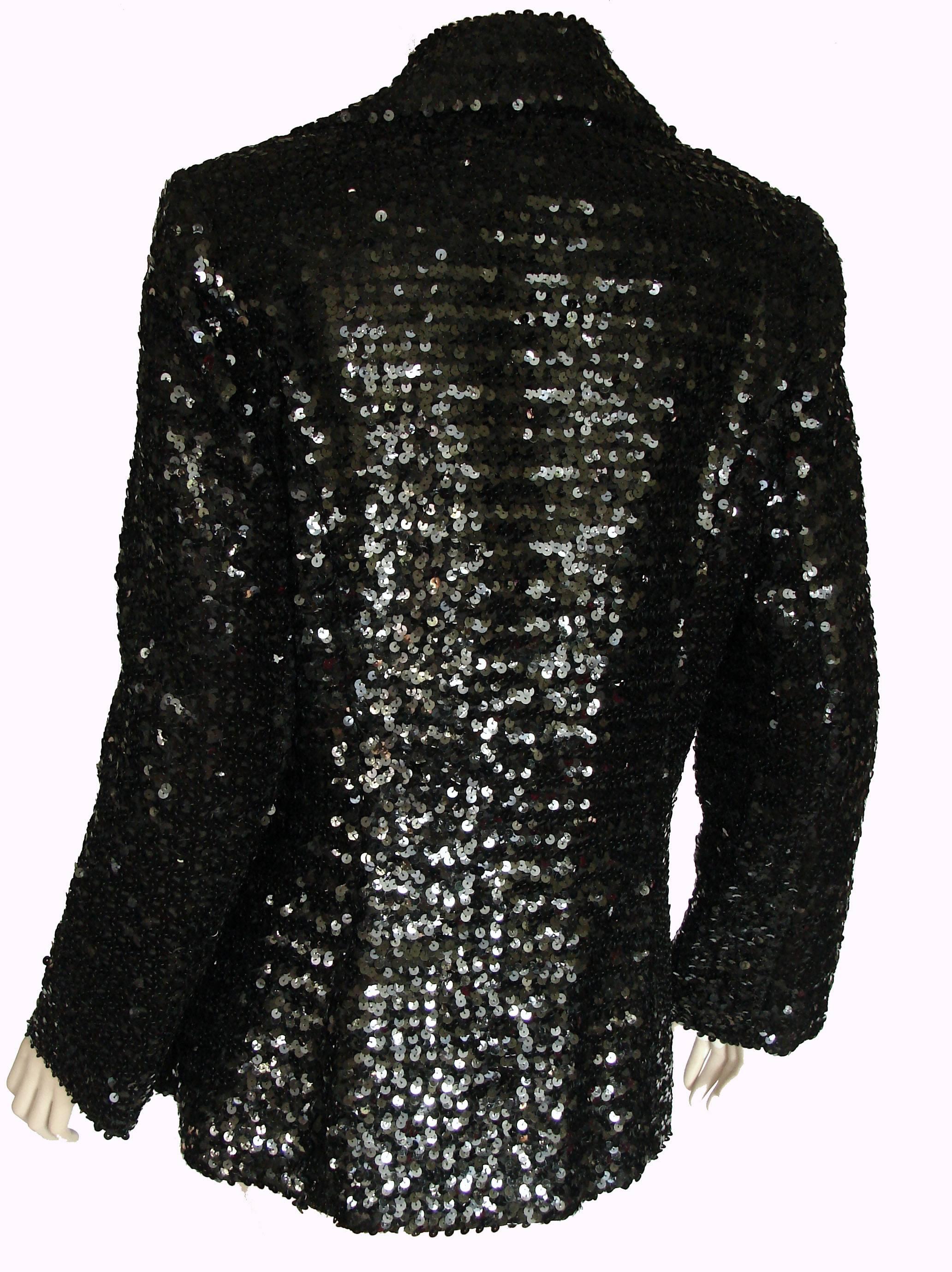 Shimmering Black Sequins Blazer Jacket by Jack Hartley Miami 1970s Size M In Excellent Condition In Port Saint Lucie, FL