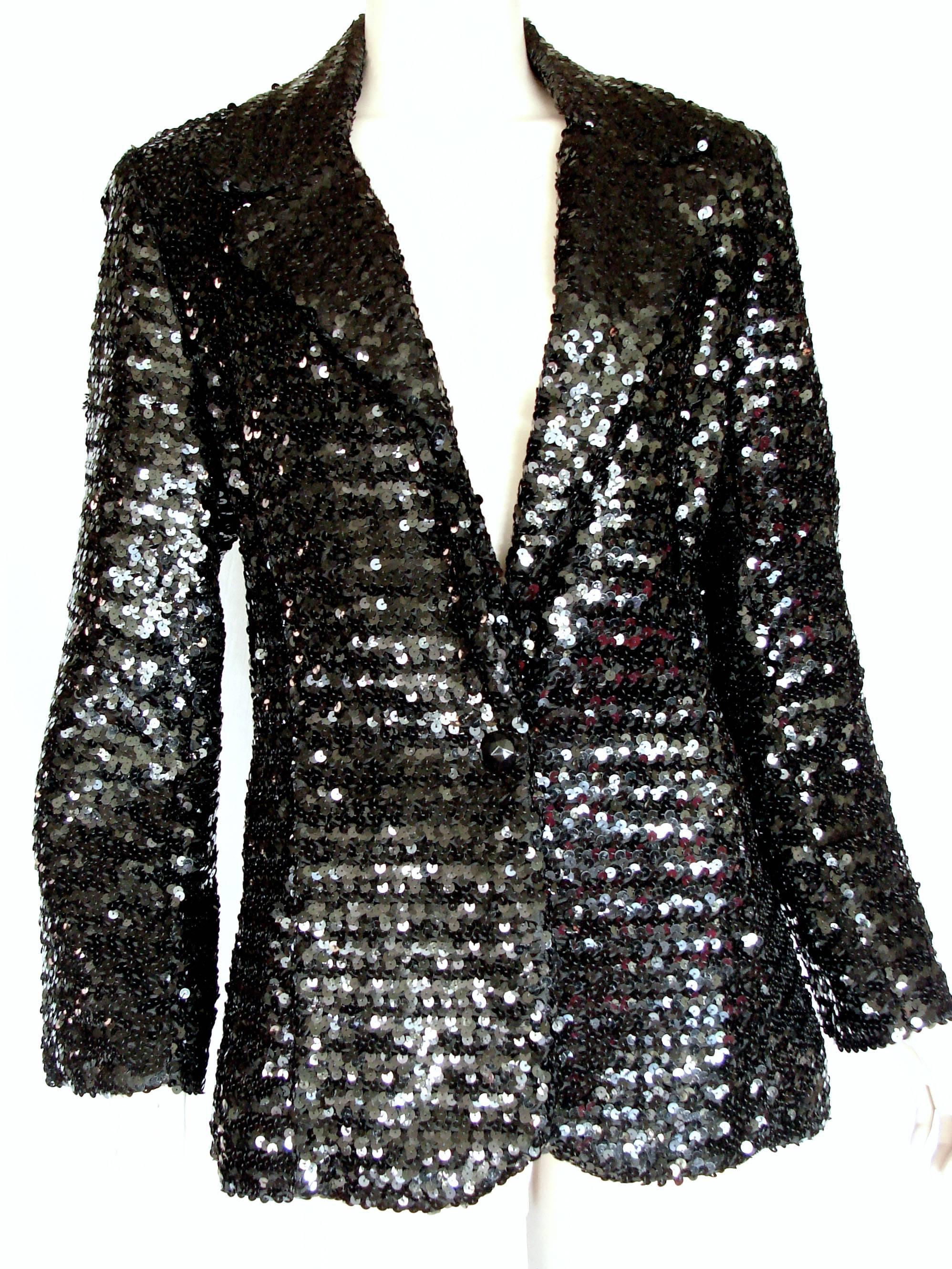 Shimmering Black Sequins Blazer Jacket by Jack Hartley Miami 1970s Size M 2