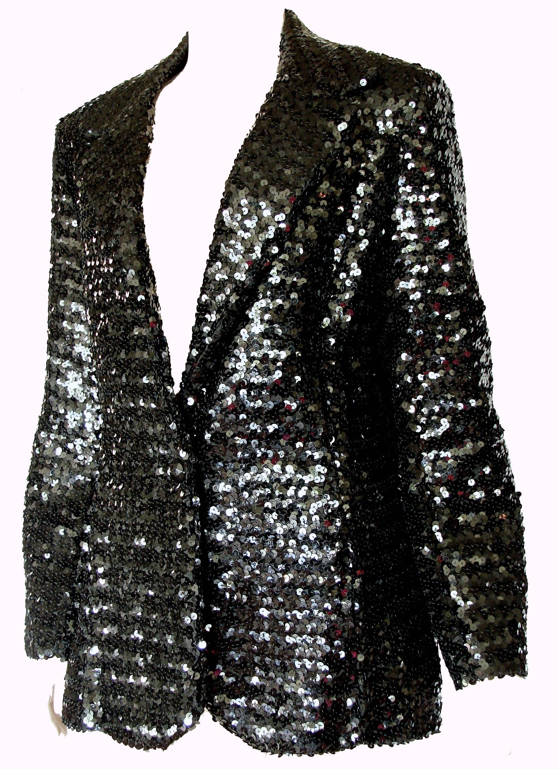 Women's Shimmering Black Sequins Blazer Jacket by Jack Hartley Miami 1970s Size M