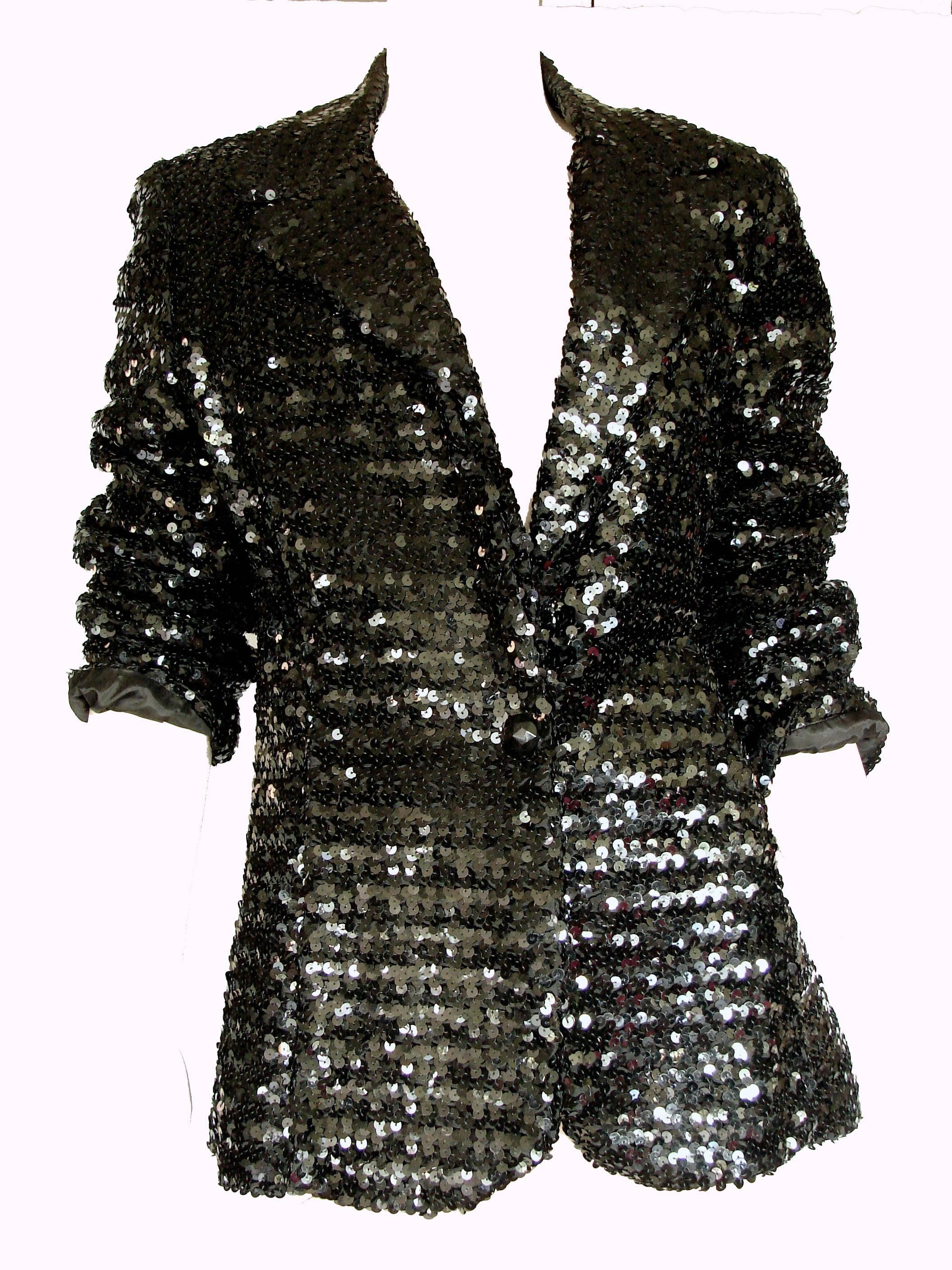 Shimmering Black Sequins Blazer Jacket by Jack Hartley Miami 1970s Size M 1