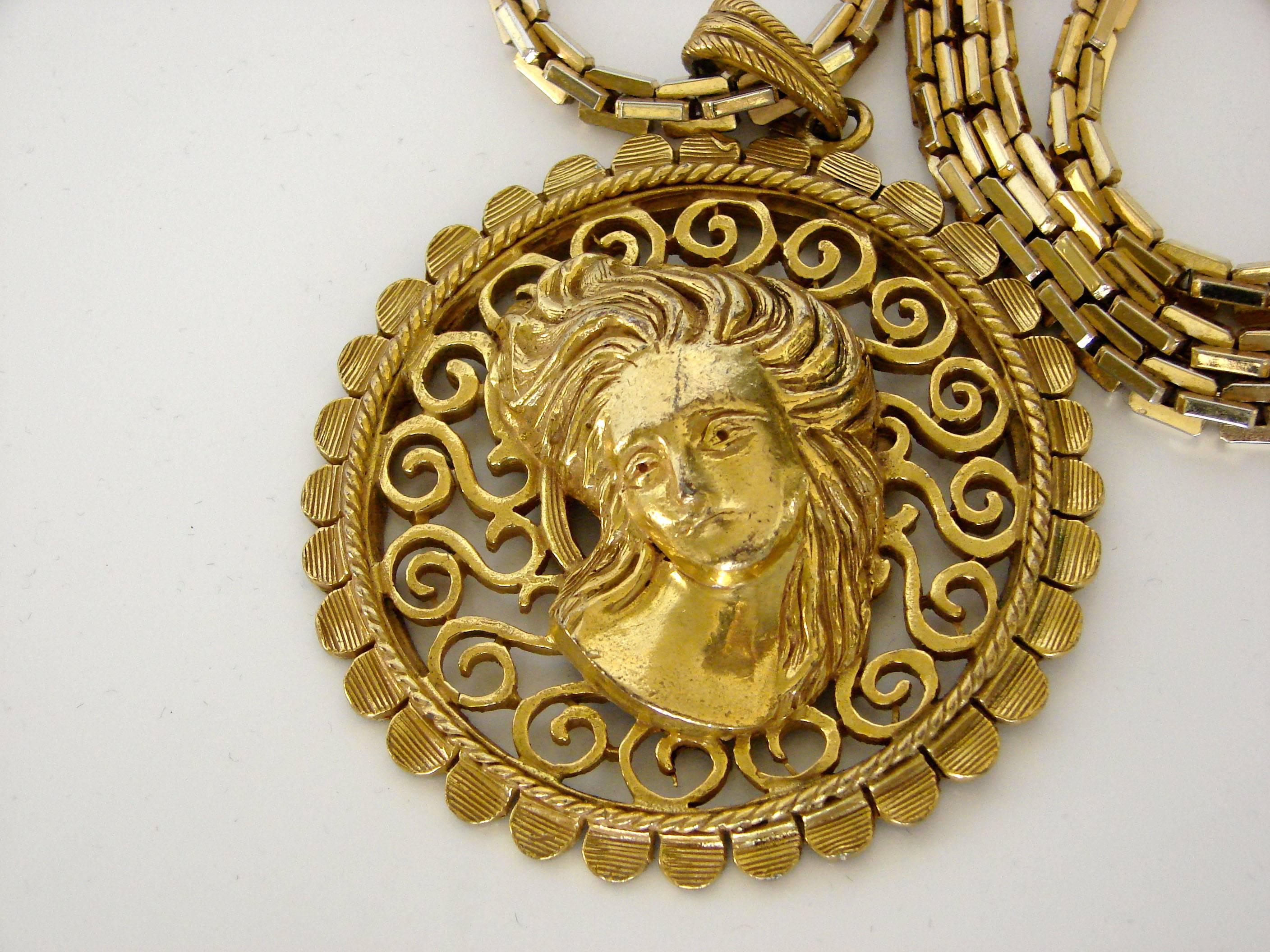 Women's Lucien Piccard Art Nouveau Figural Womans Head Pendant + Chain Necklace 1970s 