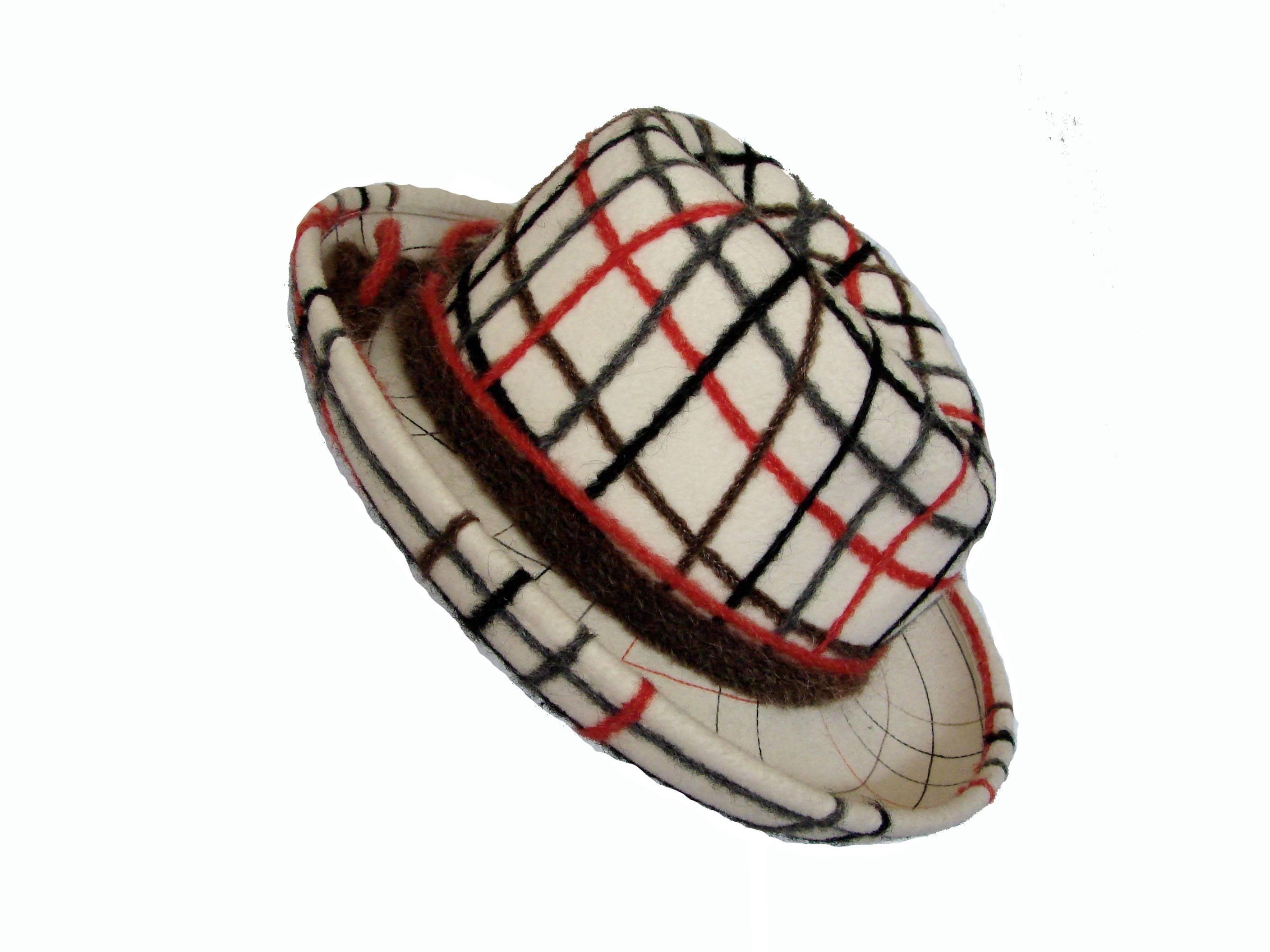 Women's Yves Saint Laurent Cream Felt Wool Hat with Abstract Spiral Design Rare 1970s 