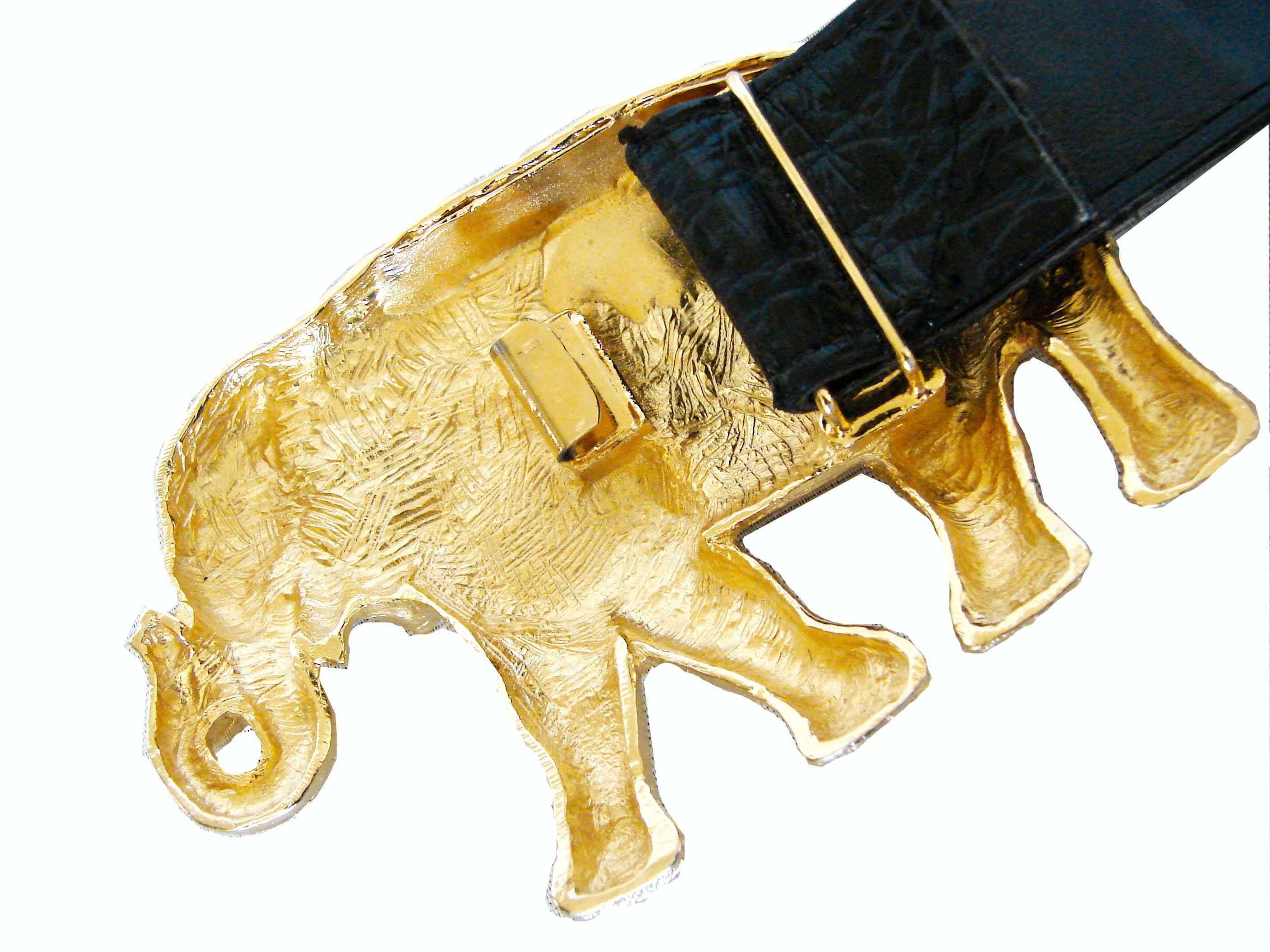 Women's Gold Rhinestone Elephant Buckle + Black Leather Belt Strap Hattie Carnegie Attr