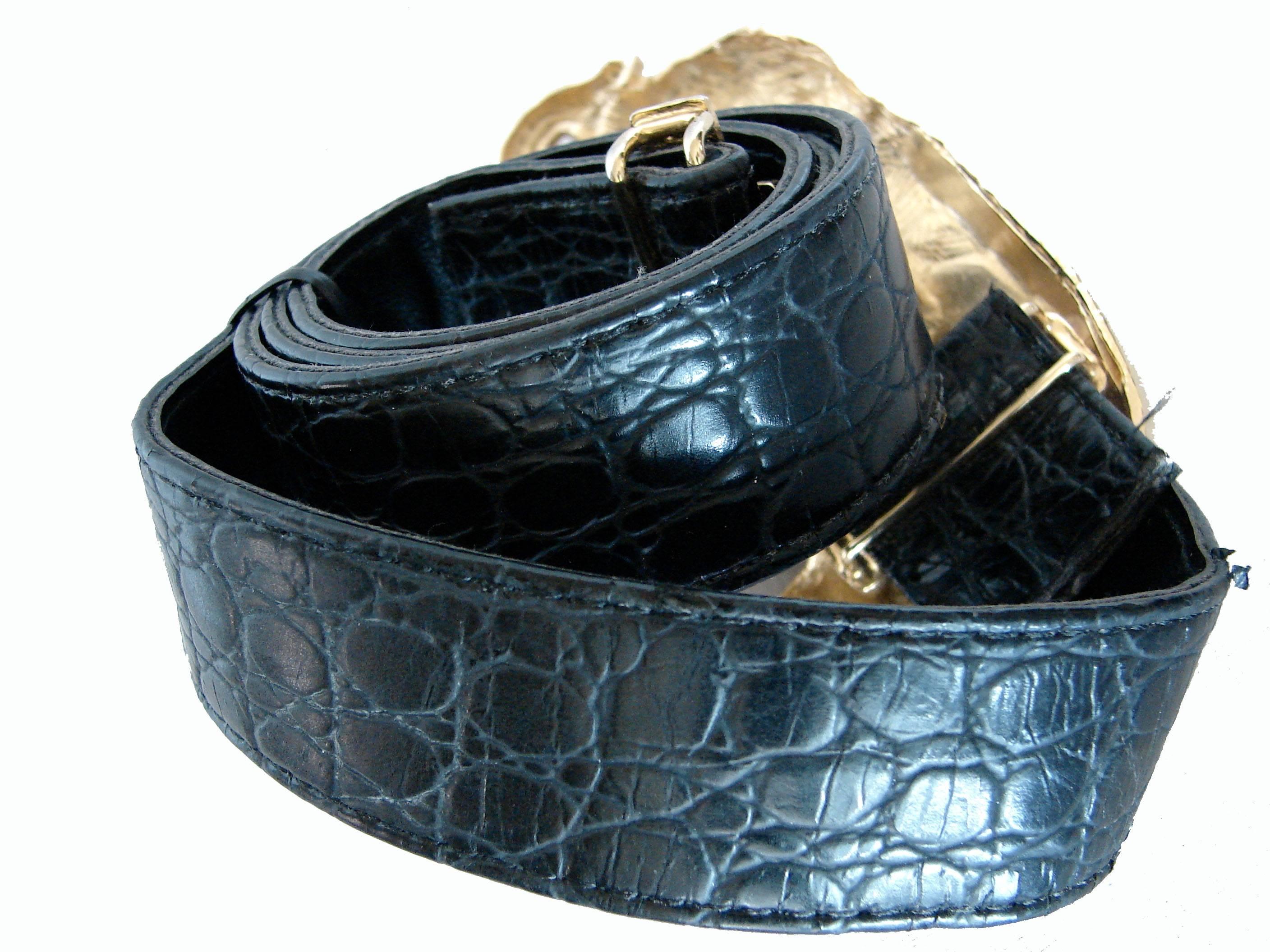 Gold Rhinestone Elephant Buckle + Black Leather Belt Strap Hattie Carnegie Attr 1