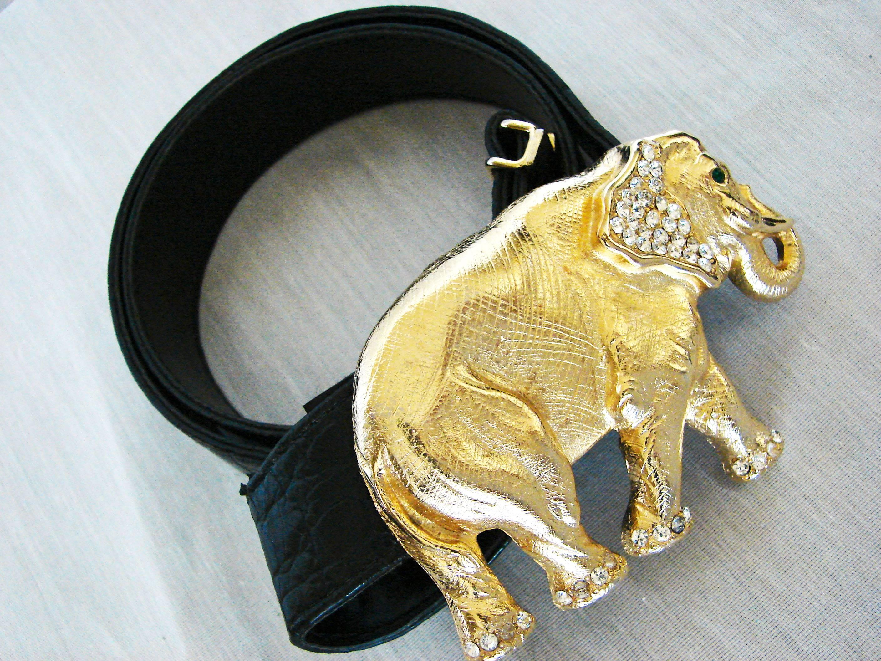 Gold Rhinestone Elephant Buckle + Black Leather Belt Strap Hattie Carnegie Attr In Excellent Condition In Port Saint Lucie, FL