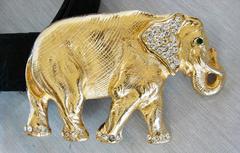 Gold Rhinestone Elephant Buckle + Black Leather Belt Strap Hattie Carnegie Attr