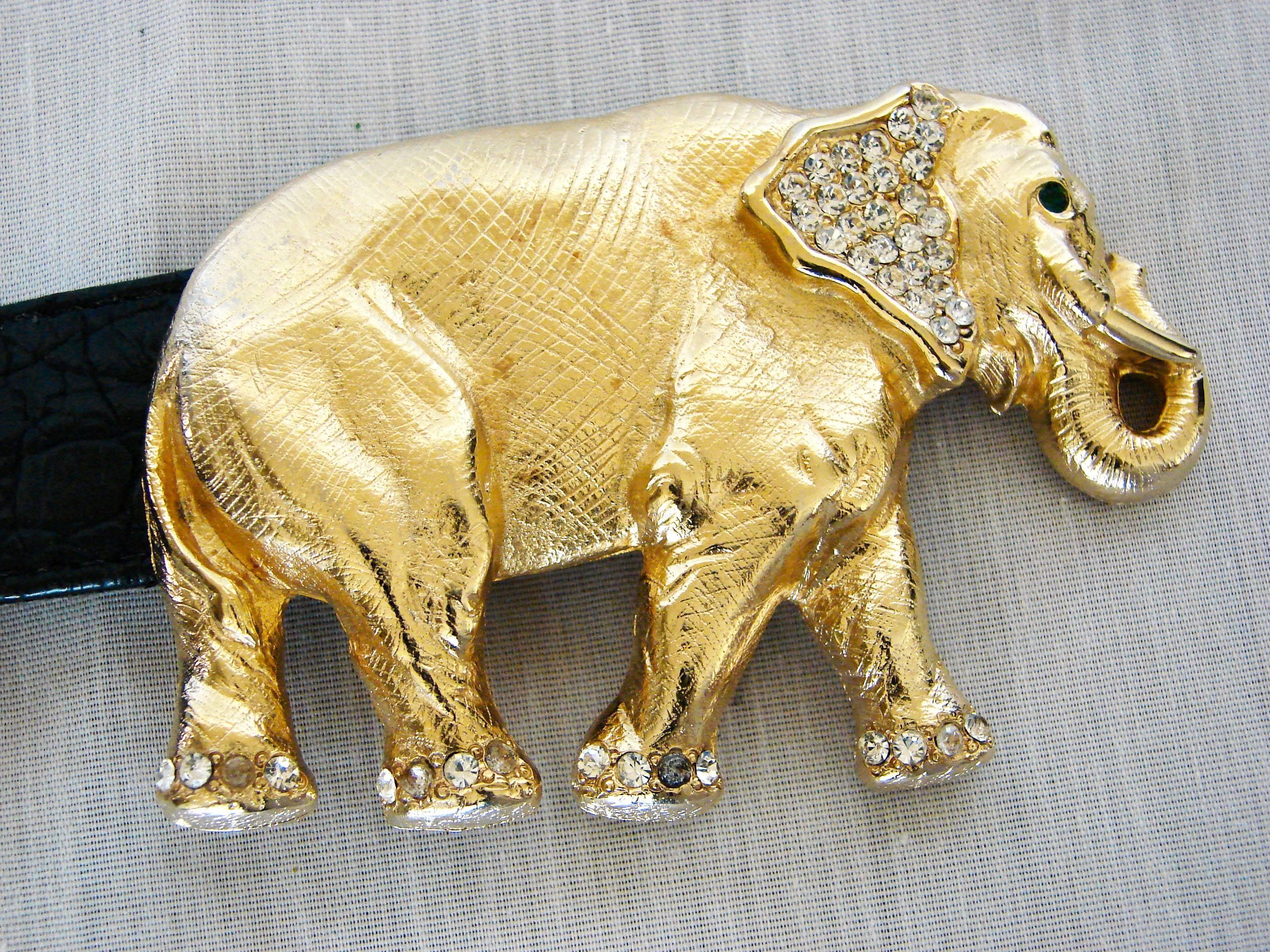Beige Gold Rhinestone Elephant Buckle + Black Leather Belt Strap Hattie Carnegie Attr