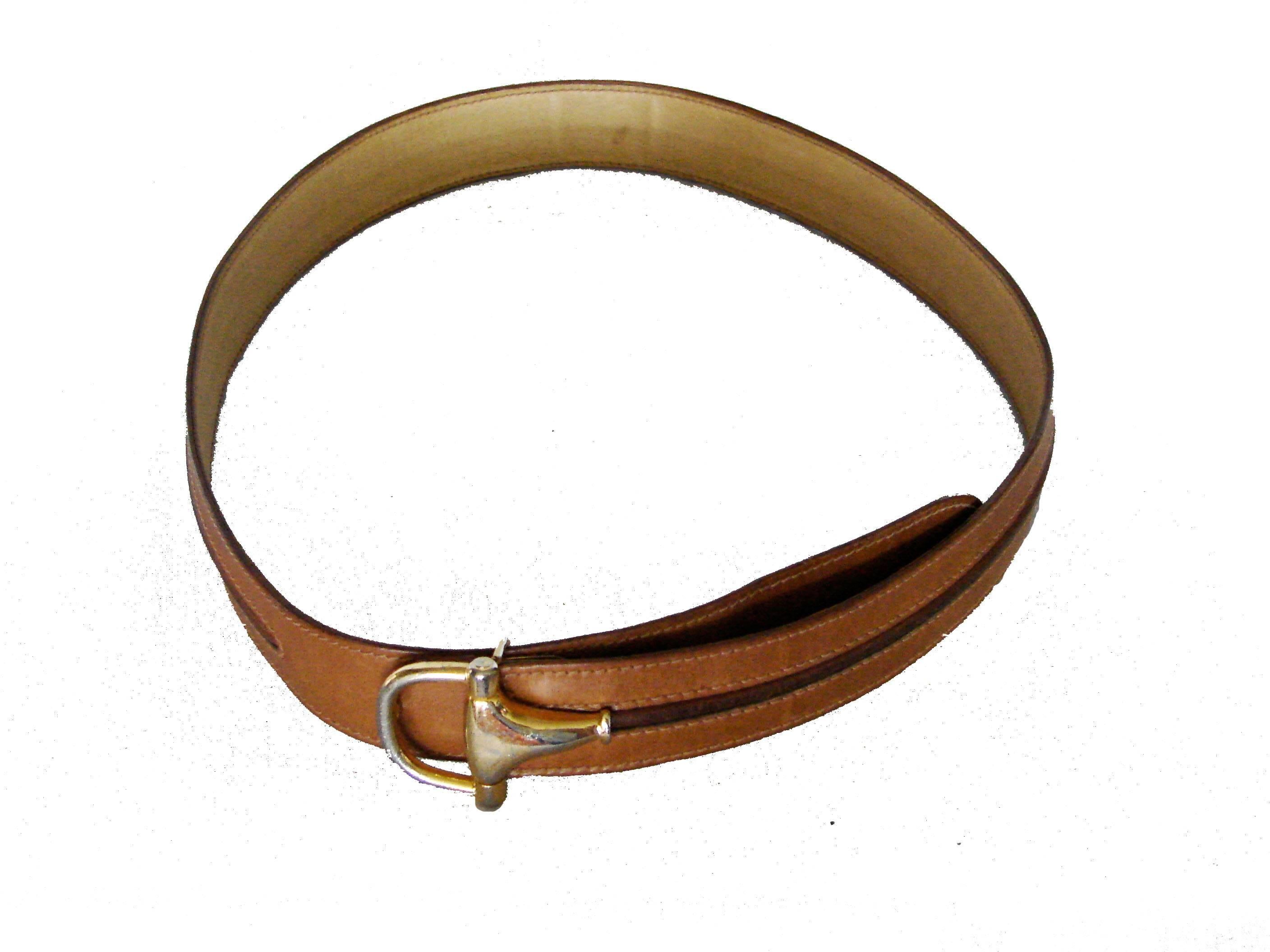 Gucci Tan and Brown Leather Belt with Horse Bit Buckle Size 75 30 1970s 1