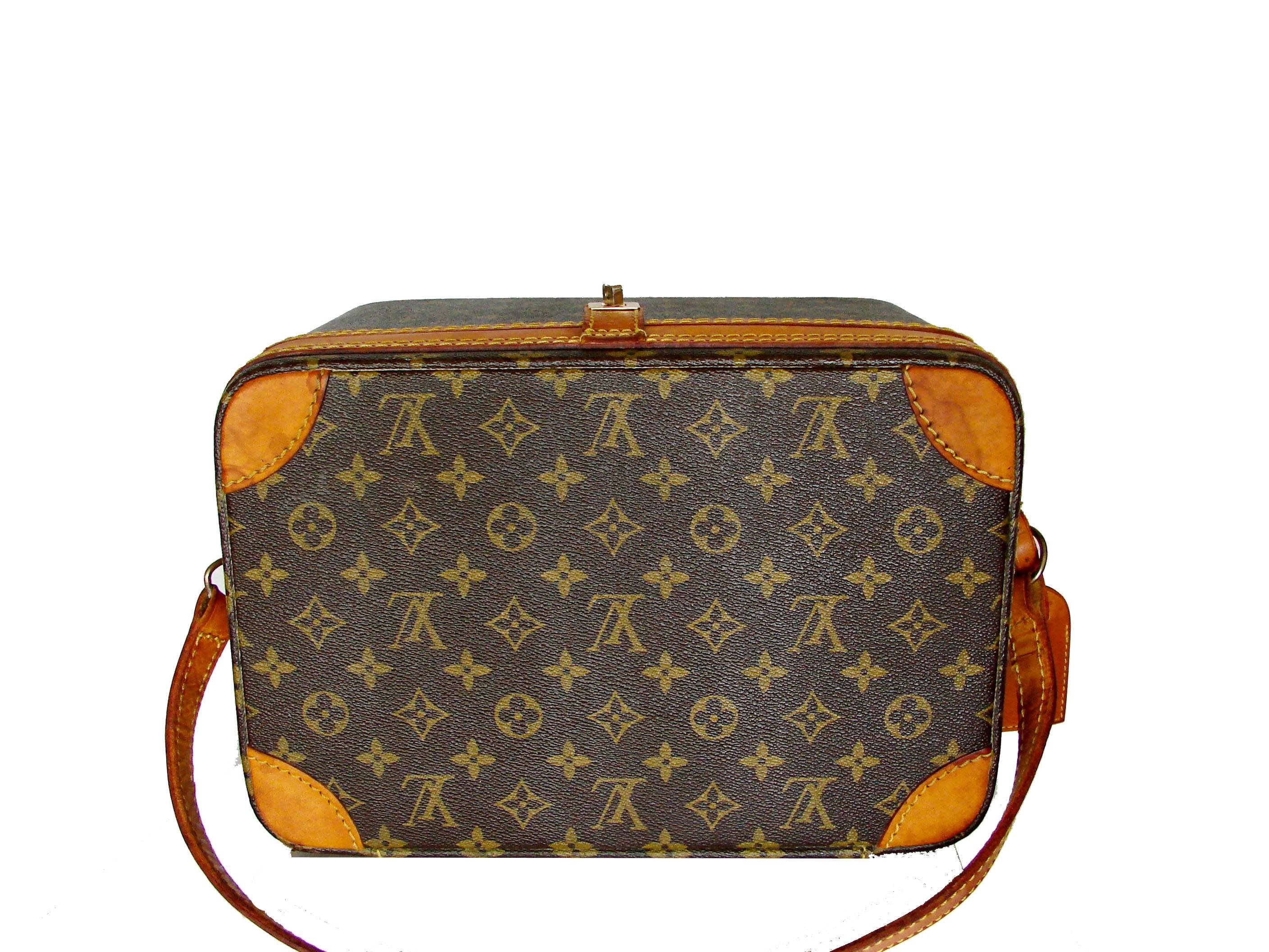 Louis Vuitton Monogram Train Case Toiletries Bag + Luggage Tag + Lock 1980s 1