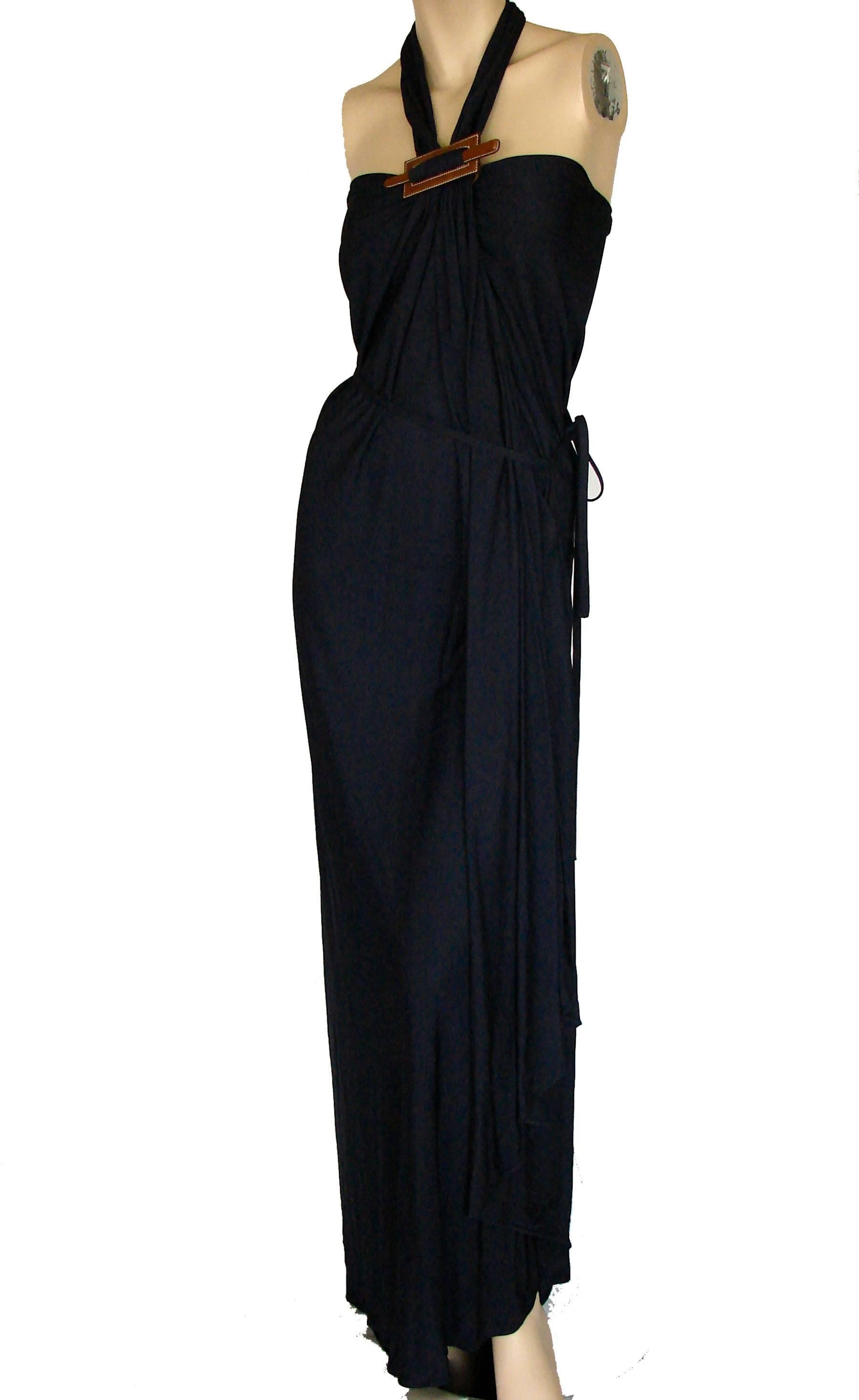 Rare Hermes Draped Halter Dress with Barenia Leather Detail Sz 34  In Excellent Condition In Port Saint Lucie, FL
