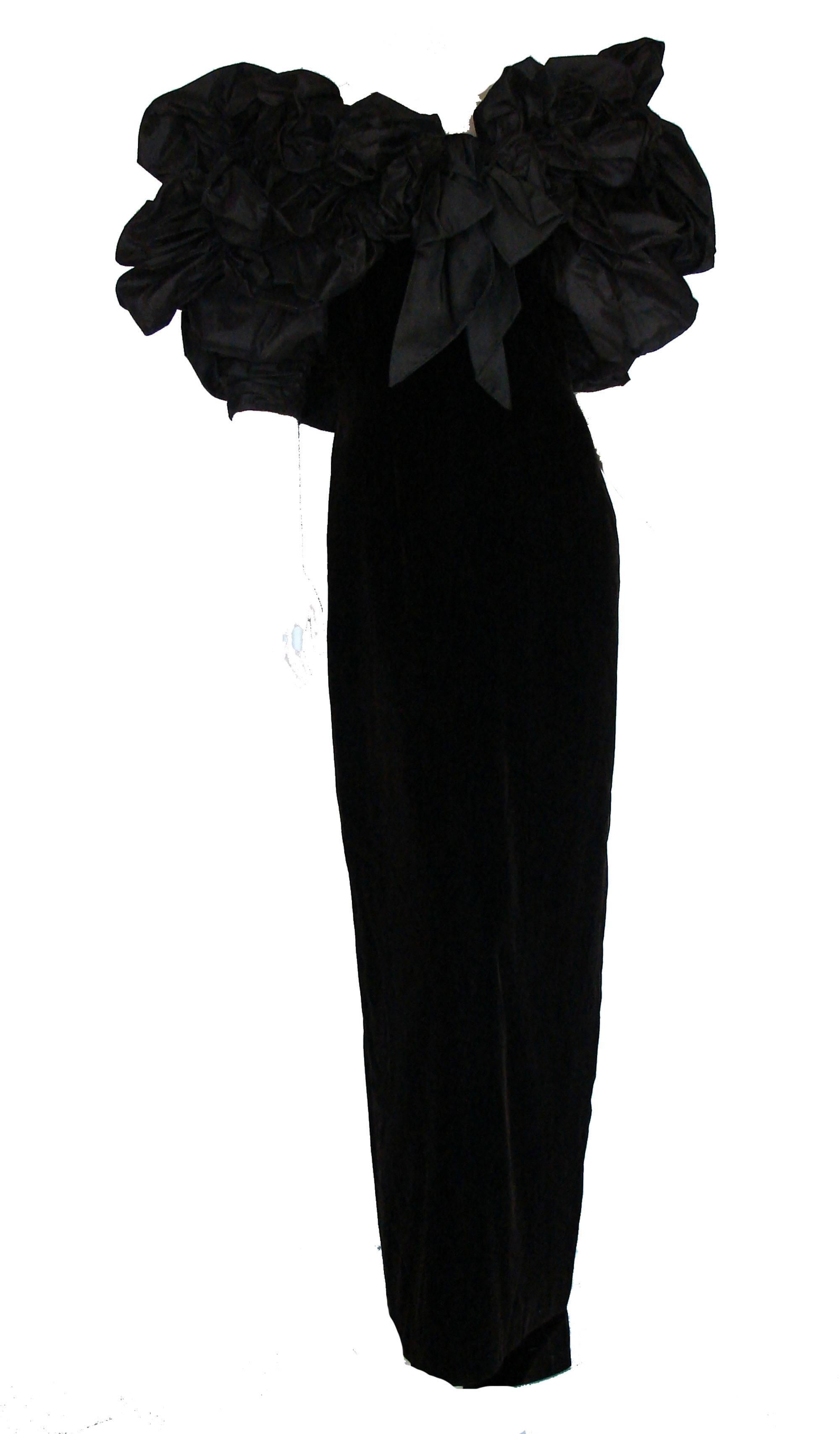 Women's Bill Blass Evening Gown Voluminous Silk Taffeta Top + Velvet Column Dress 80s M
