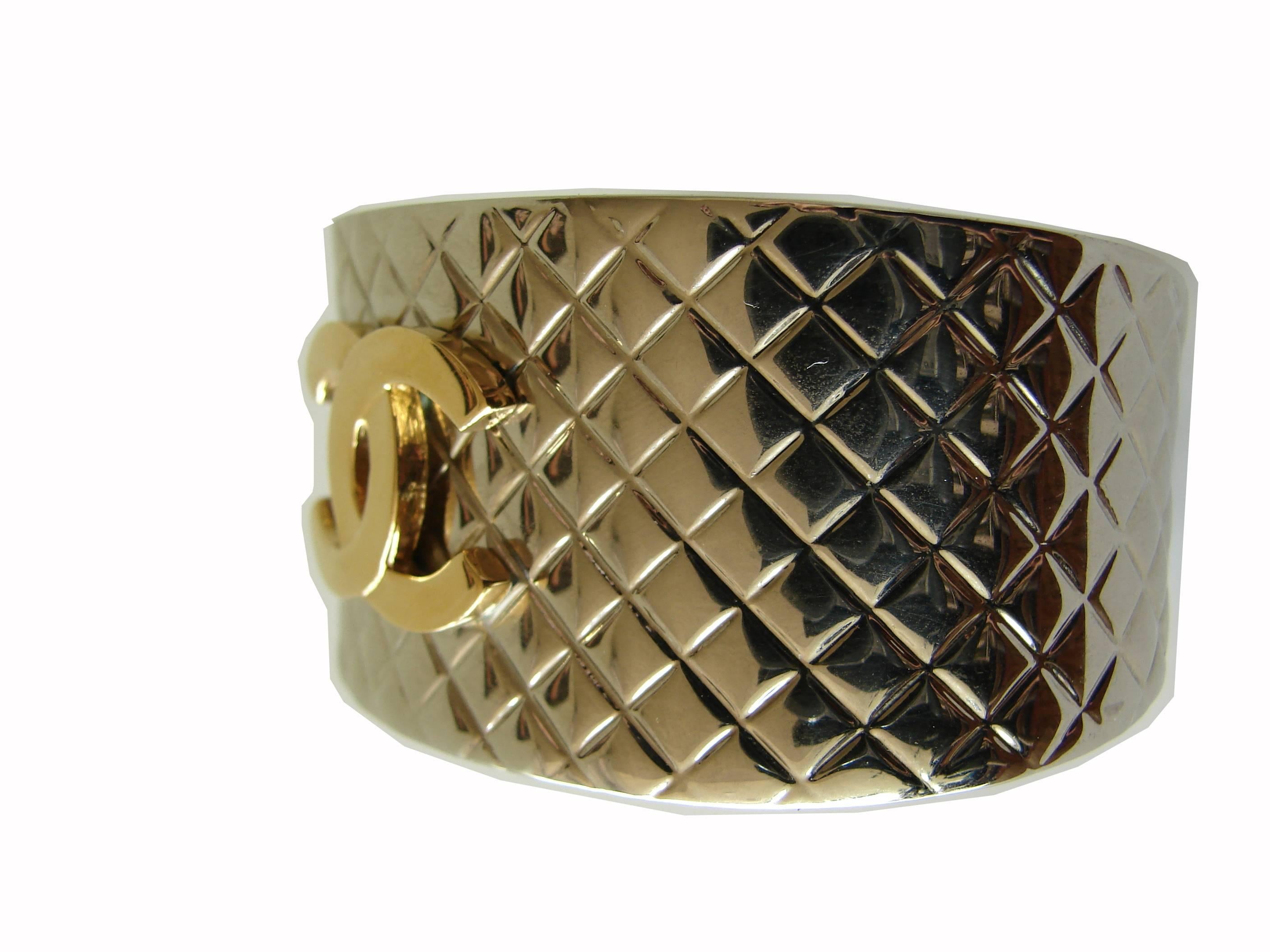 Chanel Silver Matalasse Cuff Bracelet with Gold CC Logo + Box 98P Collection  3