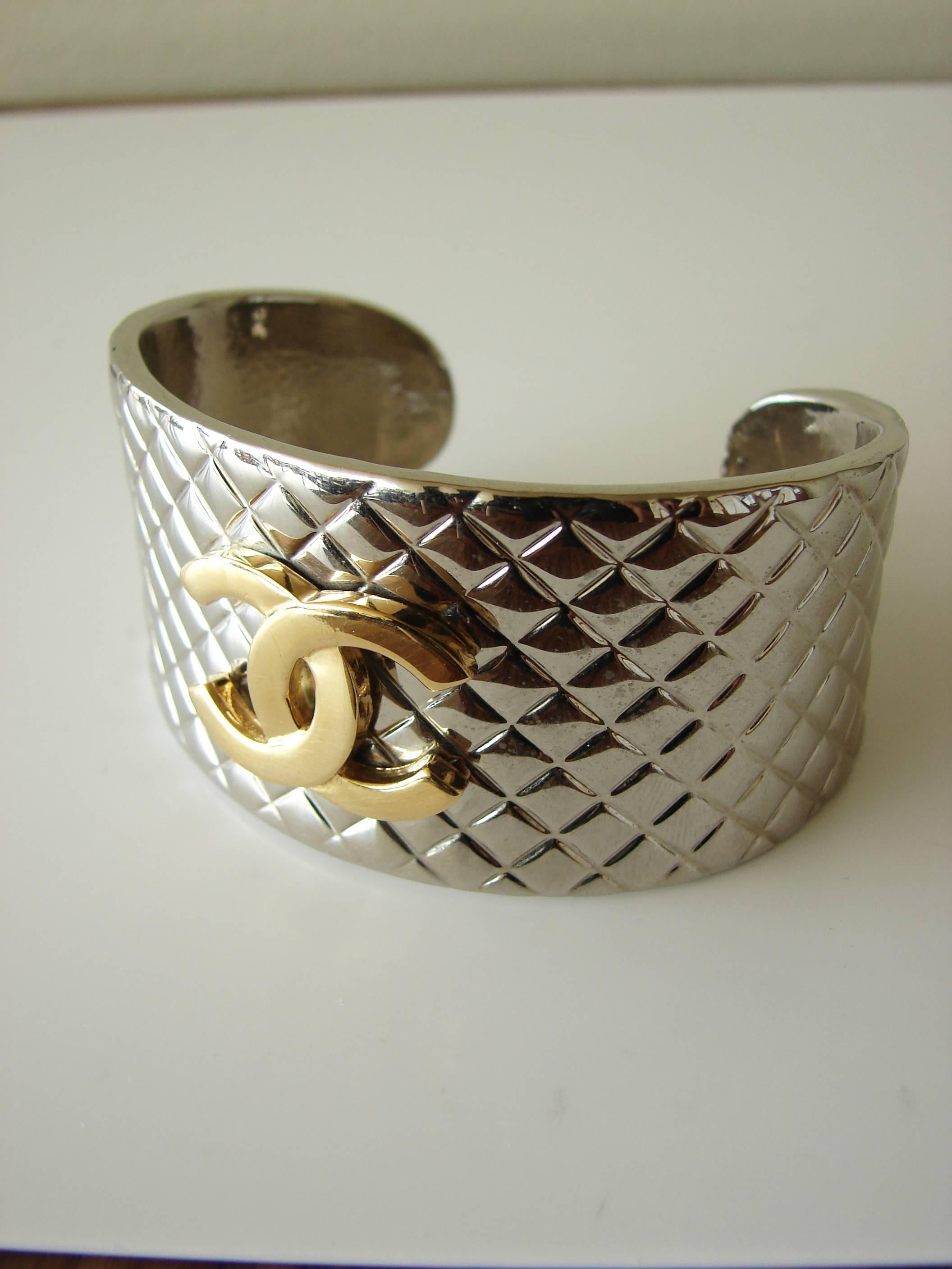 Chanel Silver Matalasse Cuff Bracelet with Gold CC Logo + Box 98P Collection  2