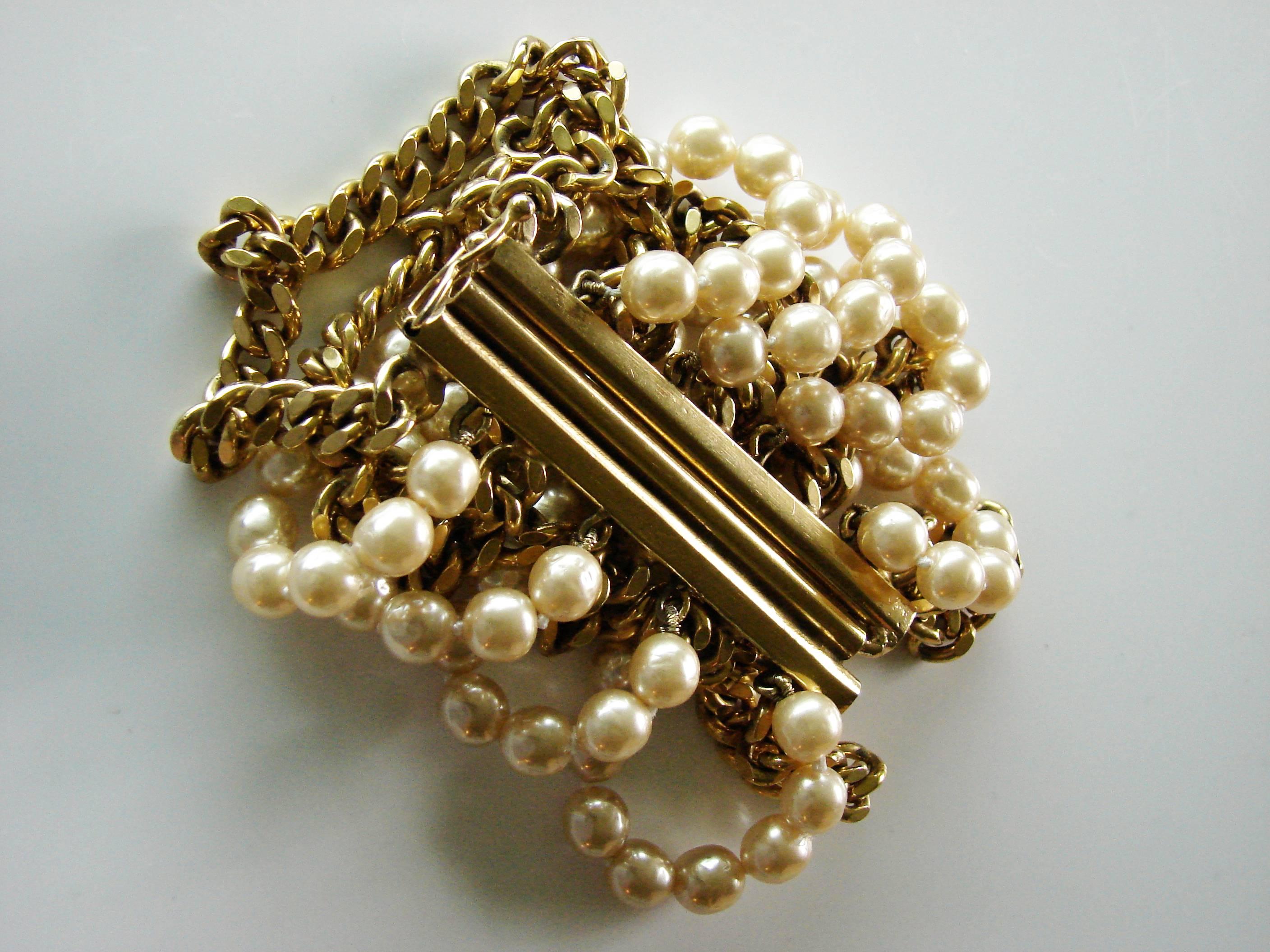 Chanel Pearl and Gold Chain Bracelet Rare Multi Strand, 1970s  2
