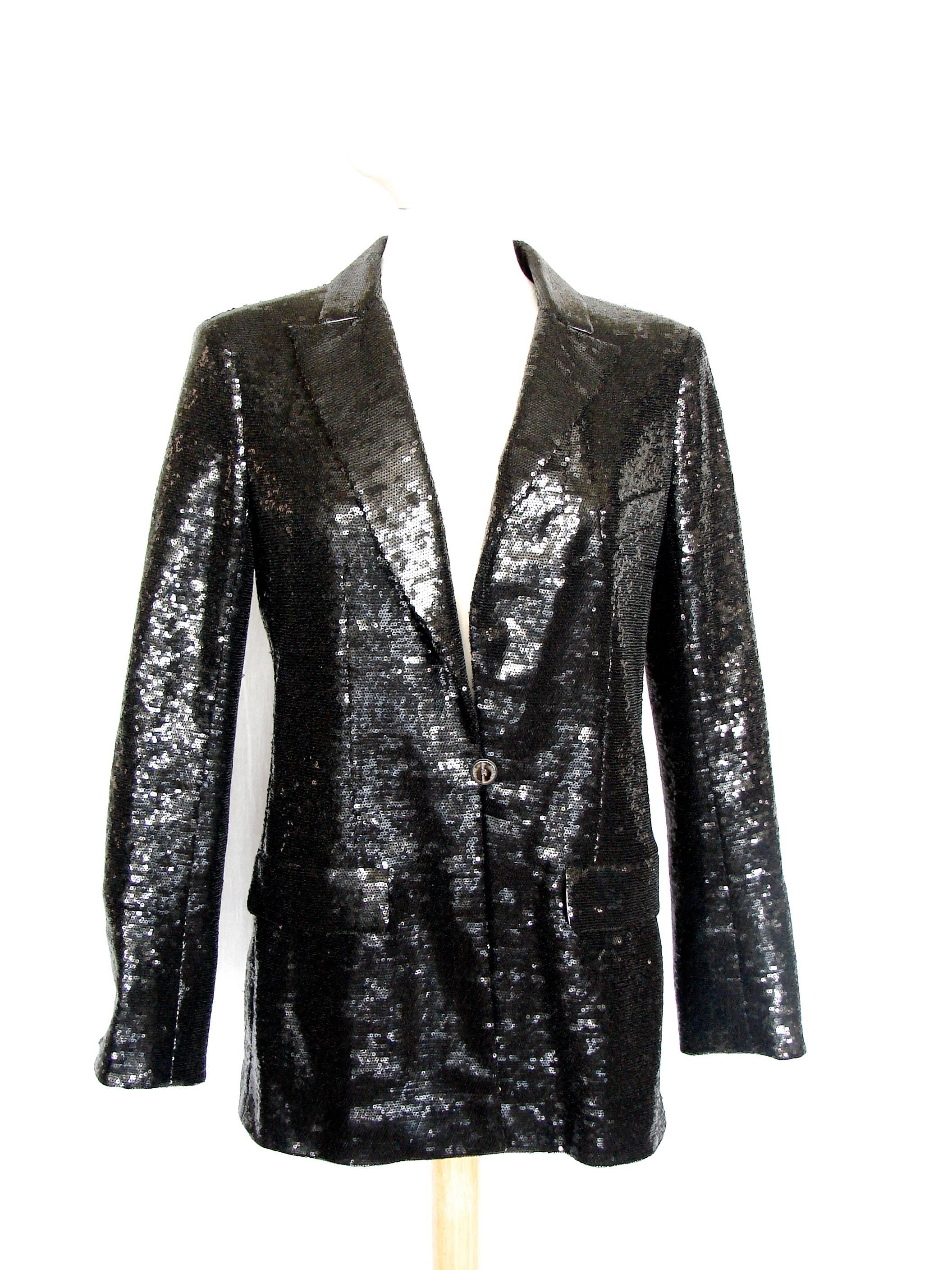 Chanel Evening Jacket Black Sequins with Contrast Cuffs and Collar Sz 44 09C  In Excellent Condition In Port Saint Lucie, FL