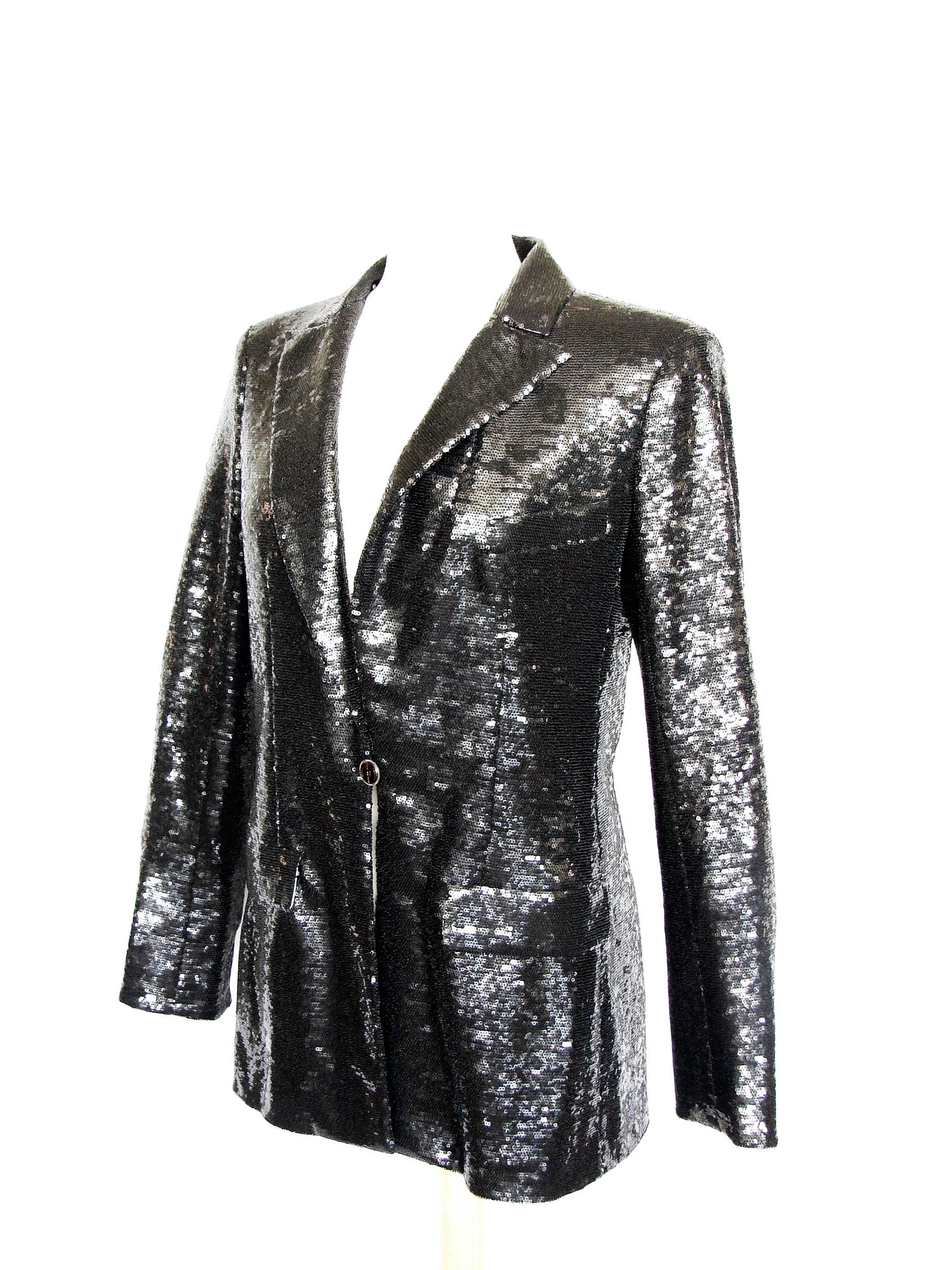 Women's Chanel Evening Jacket Black Sequins with Contrast Cuffs and Collar Sz 44 09C 