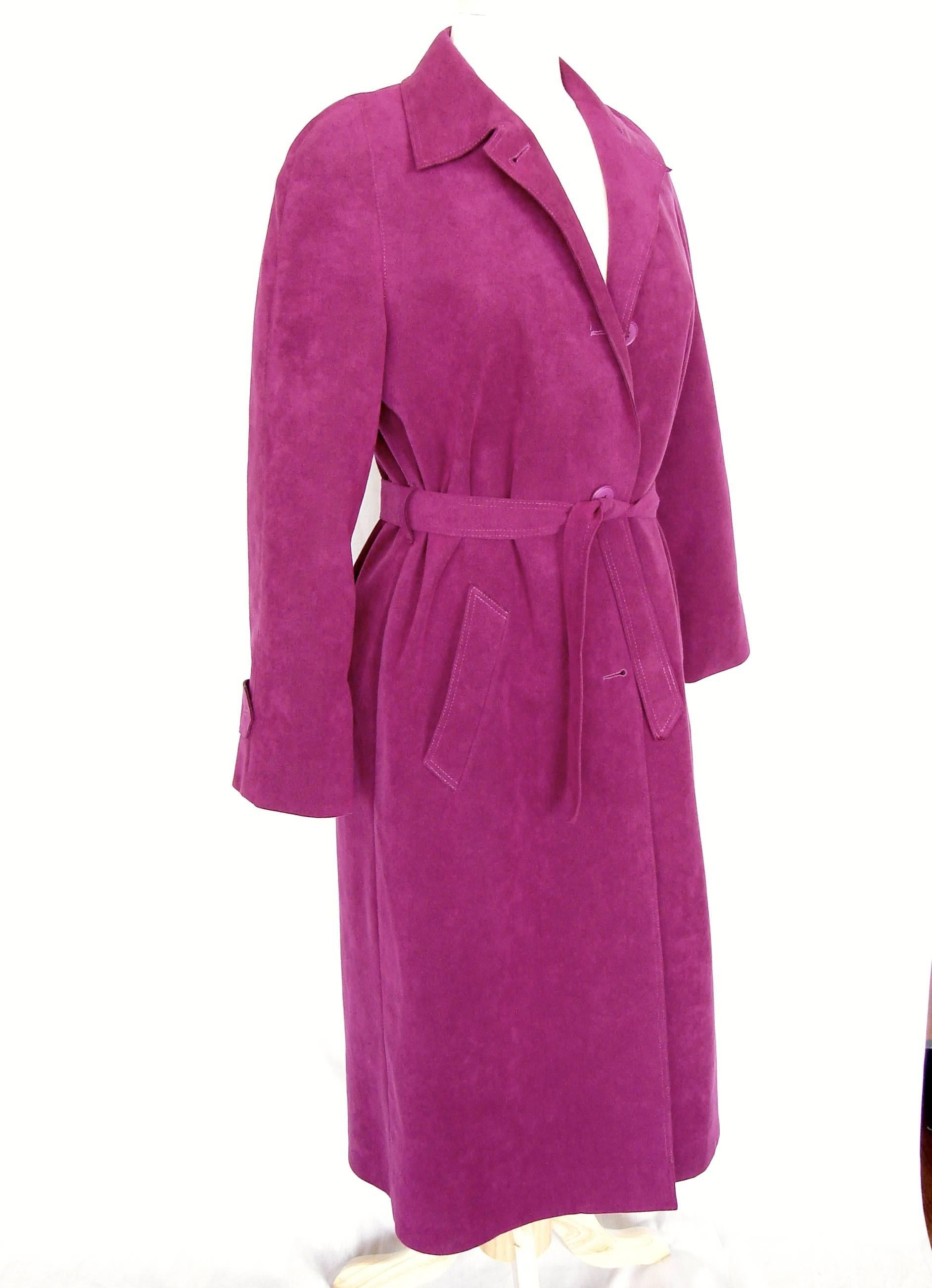 Purple Lilli Ann Vibrant Magenta Ultrasuede Belted Trench Coat Size M 1970s