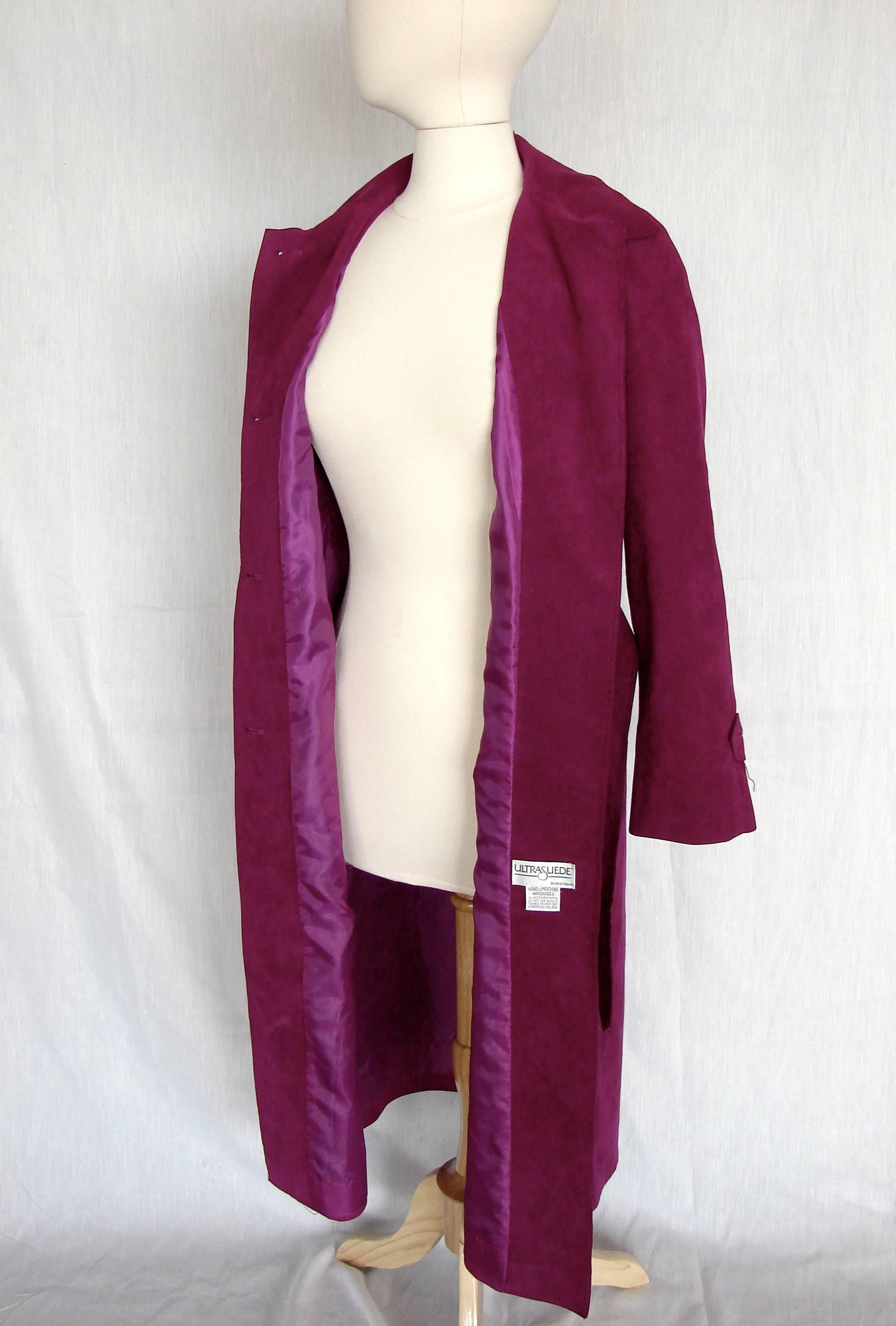 Women's Lilli Ann Vibrant Magenta Ultrasuede Belted Trench Coat Size M 1970s