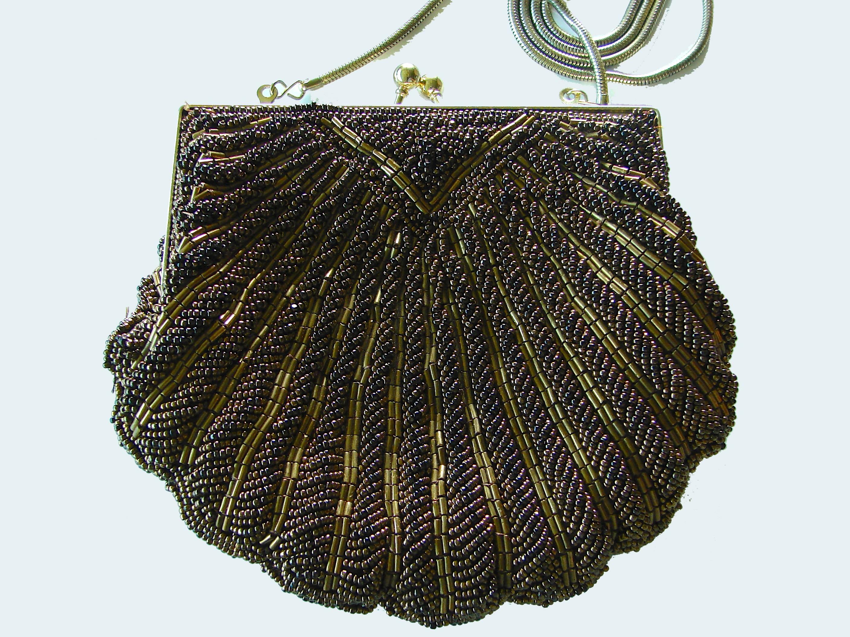 Black Exquisite Walborg Beaded Kisslock Evening Bag with Silk Satin Lining 1970s 
