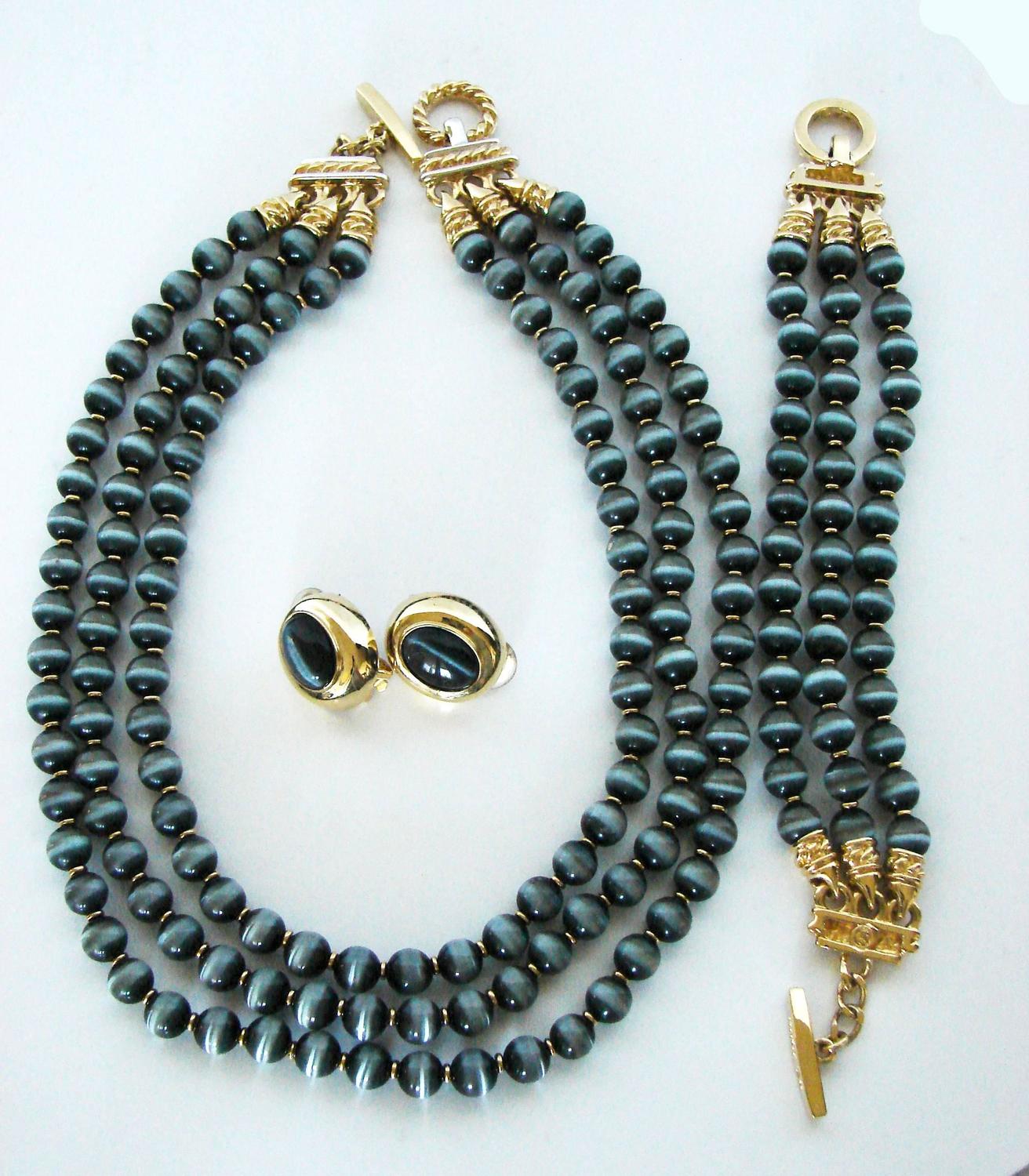 St John Triple Strand Glass Stone Necklace + Bracelet + Earrings Set
