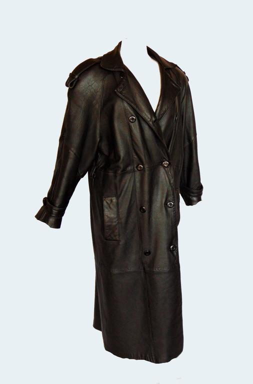 The New York Leather Company Long Black Leather Spy Coat Trench VTG 80s ...