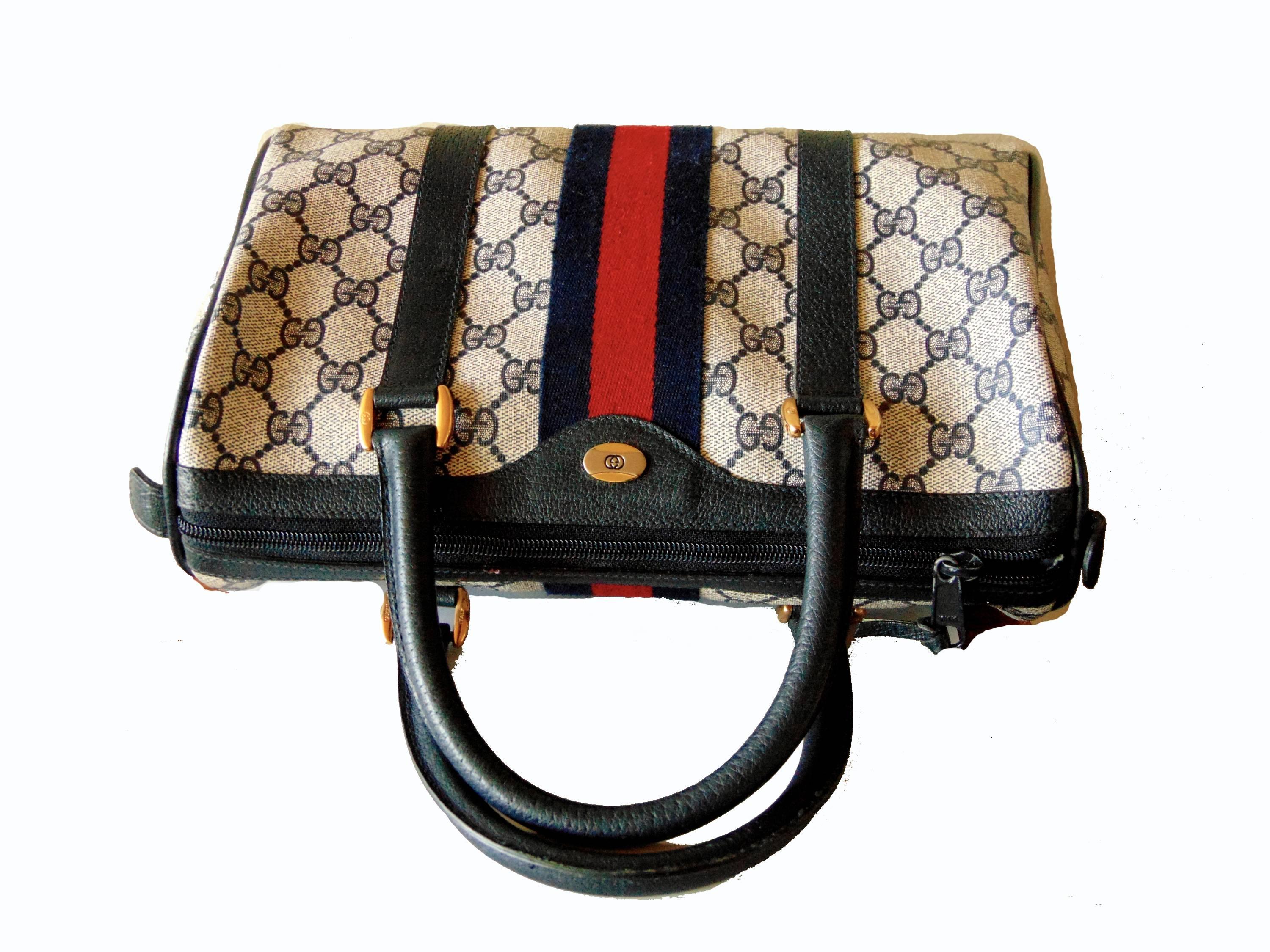 Gray Iconic Gucci Navy Leather + Monogram Canvas Web Boston Bag Speedy Satchel 1980s