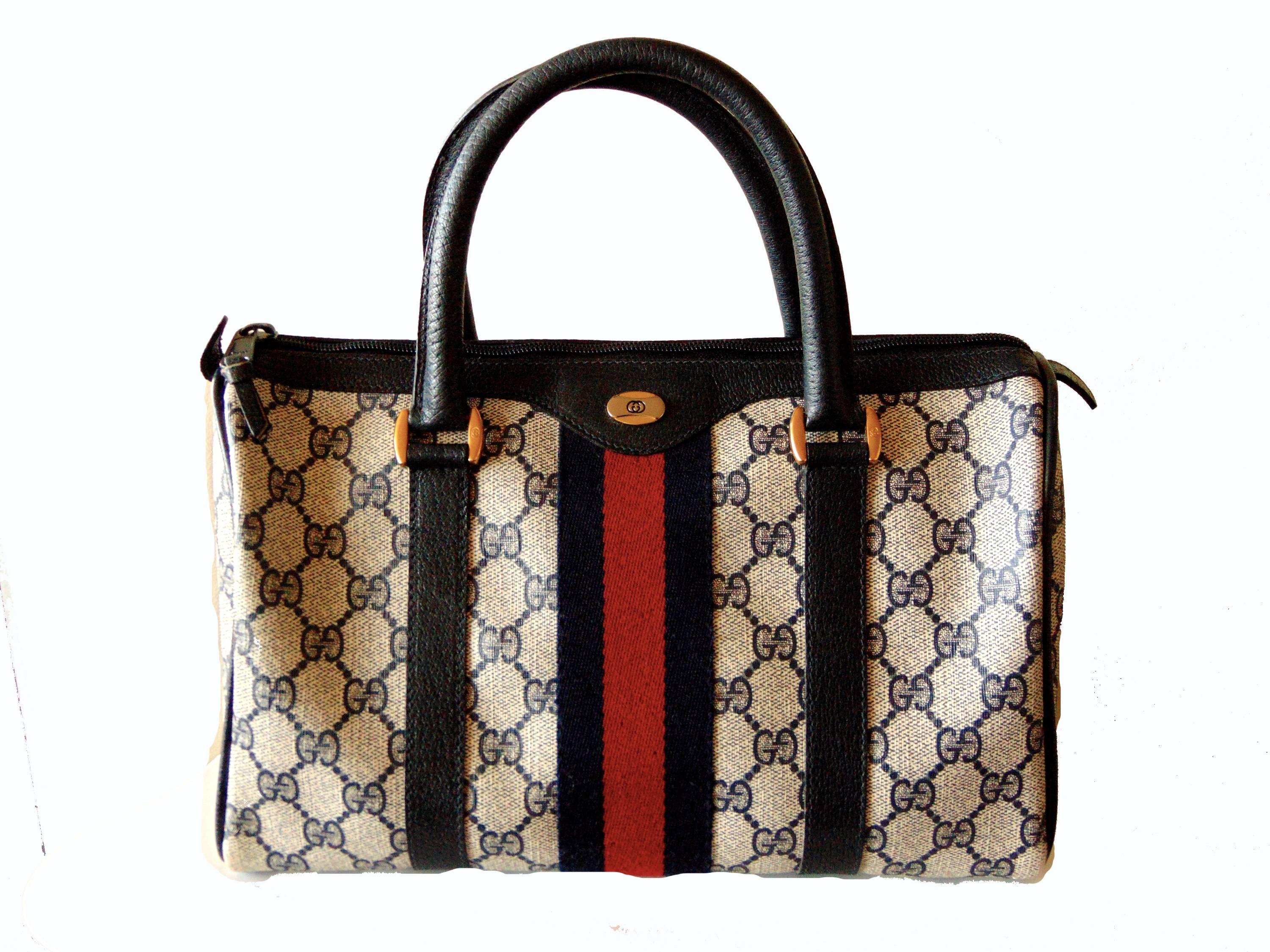 Iconic Gucci Navy Leather + Monogram Canvas Web Boston Bag Speedy Satchel 1980s In Excellent Condition In Port Saint Lucie, FL