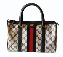 Iconic Gucci Navy Leather + Monogram Canvas Web Boston Bag Speedy Satchel 1980s