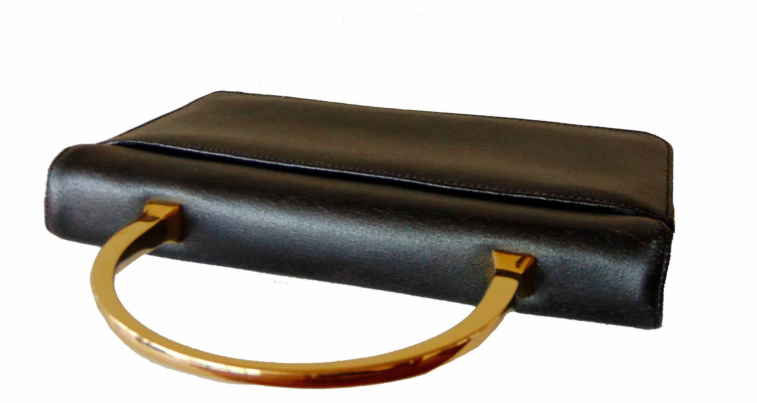Chic Givenchy Black Leather Evening Bag with Gold Metal Top Handle 1980s 3