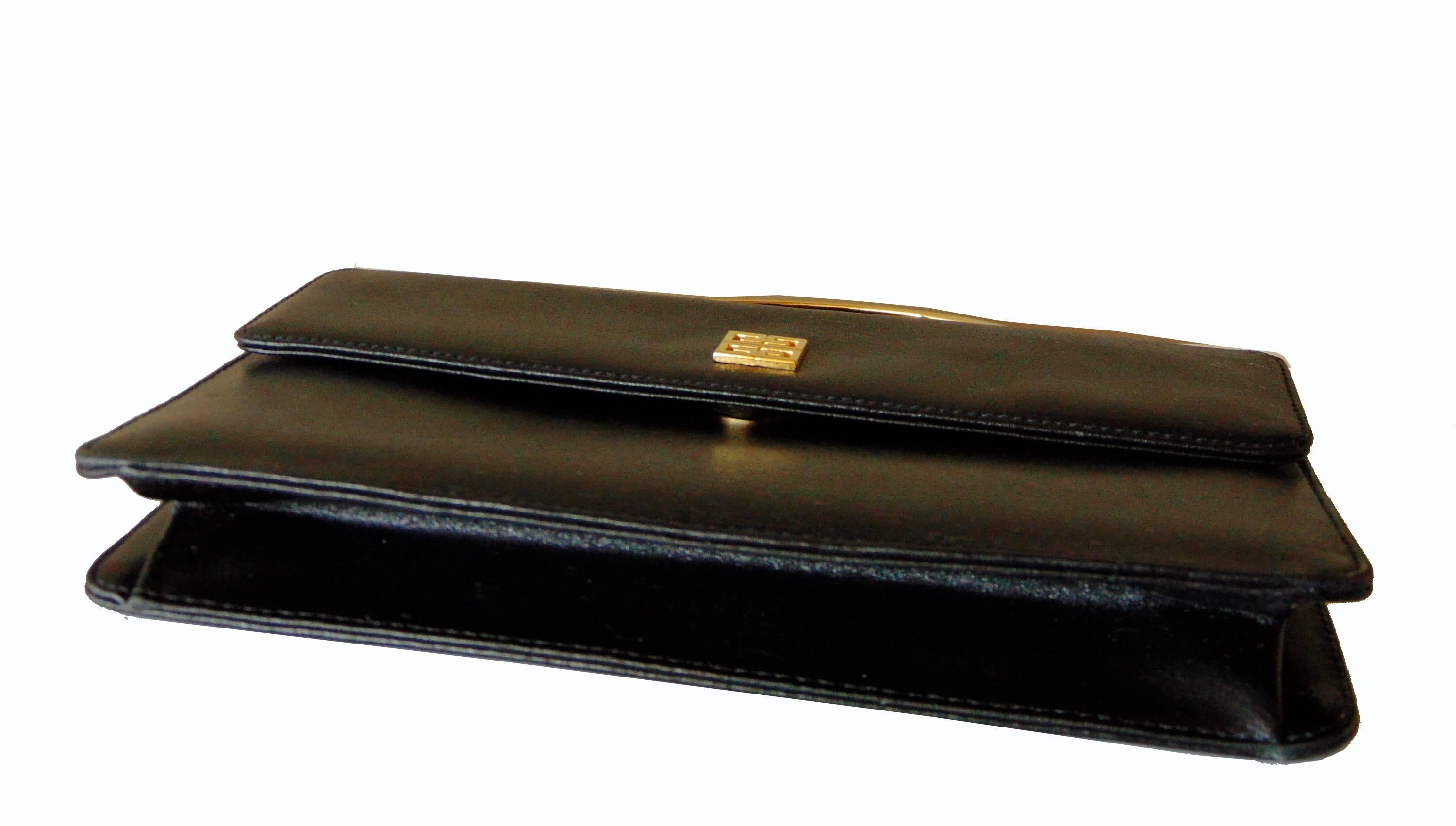 Chic Givenchy Black Leather Evening Bag with Gold Metal Top Handle 1980s 4