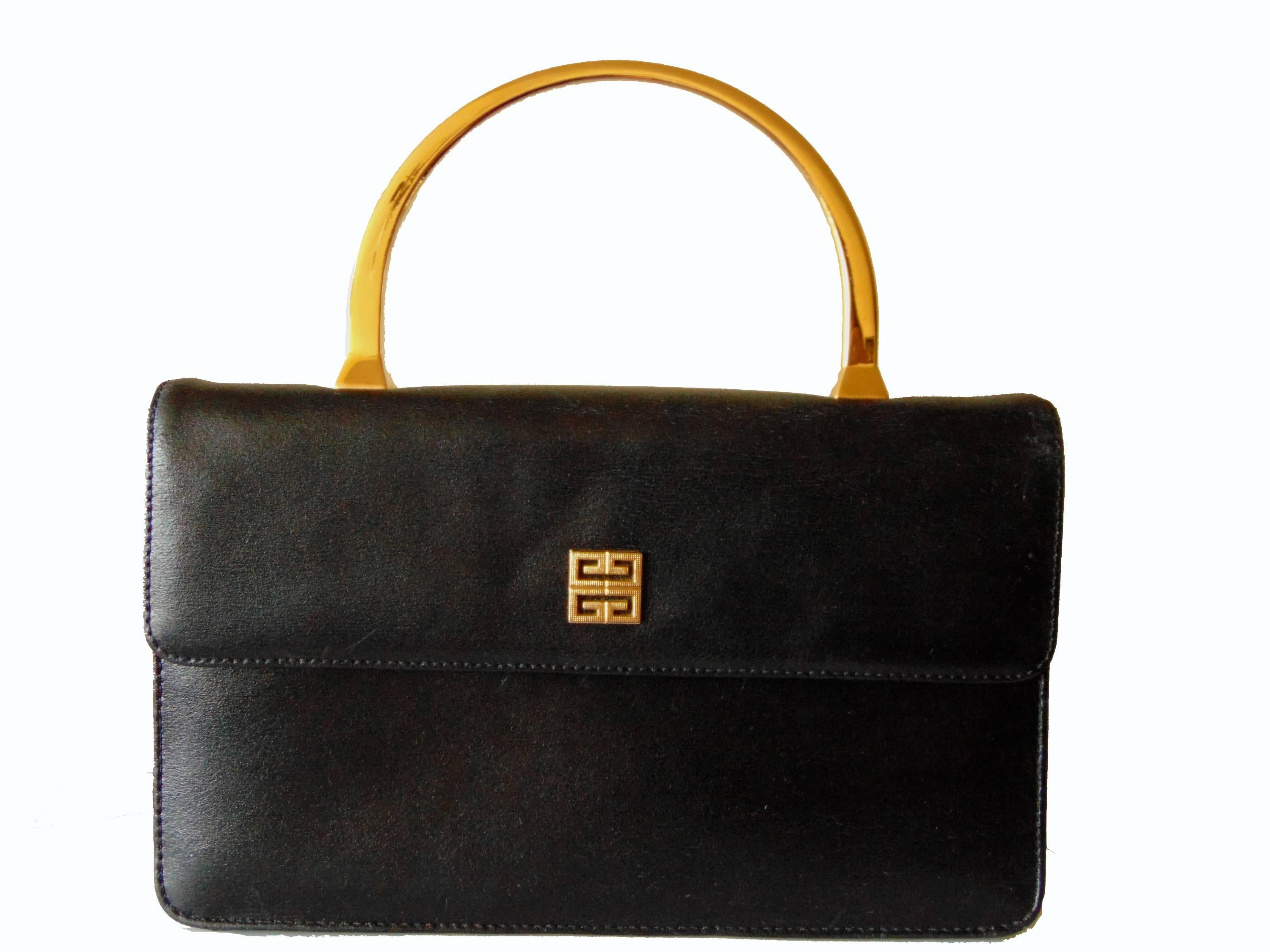 Women's Chic Givenchy Black Leather Evening Bag with Gold Metal Top Handle 1980s