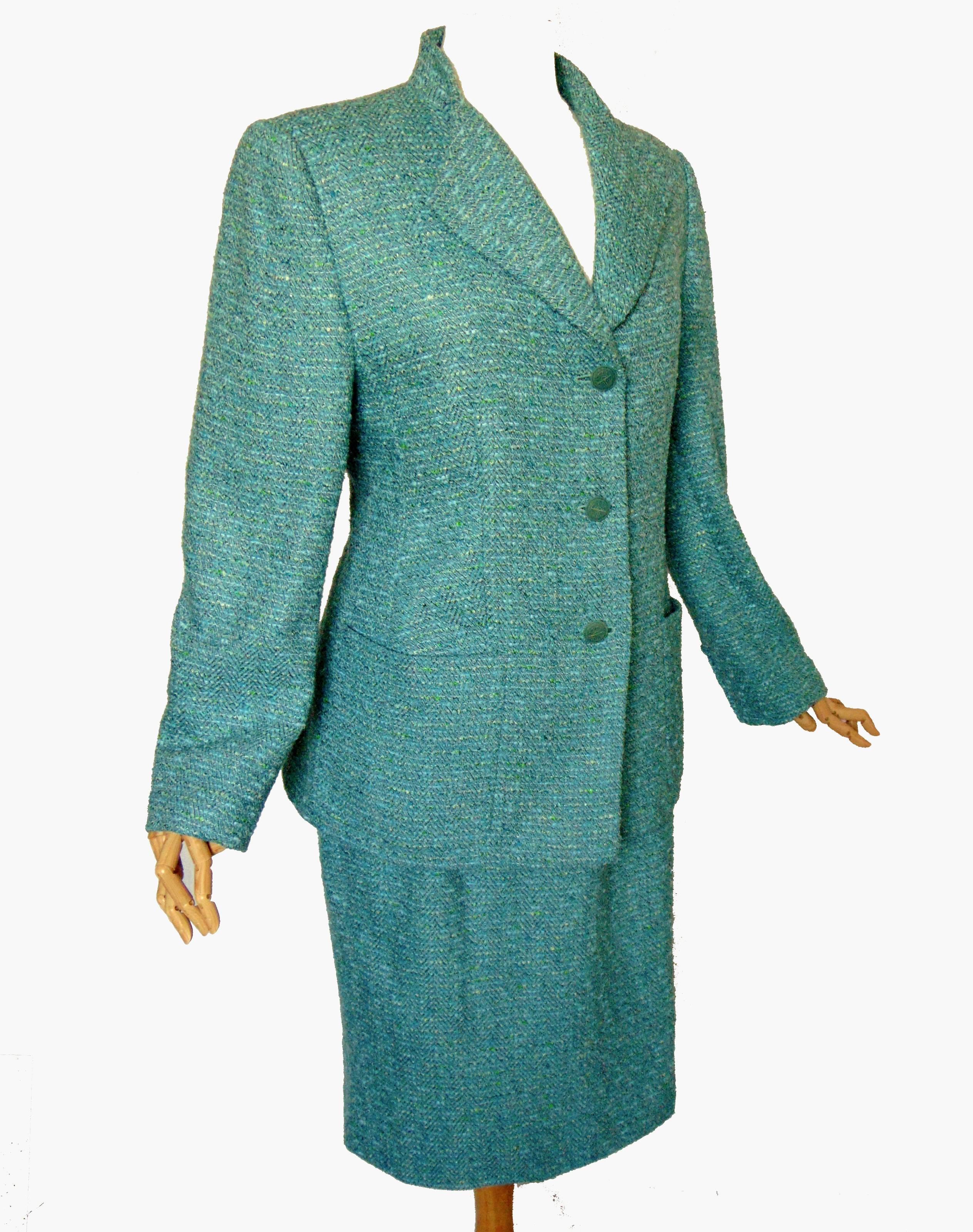 Blue Louis Feraud Ladies Jacket + Skirt Suit 2pc Woven Wool Silk Blend EU44 US14