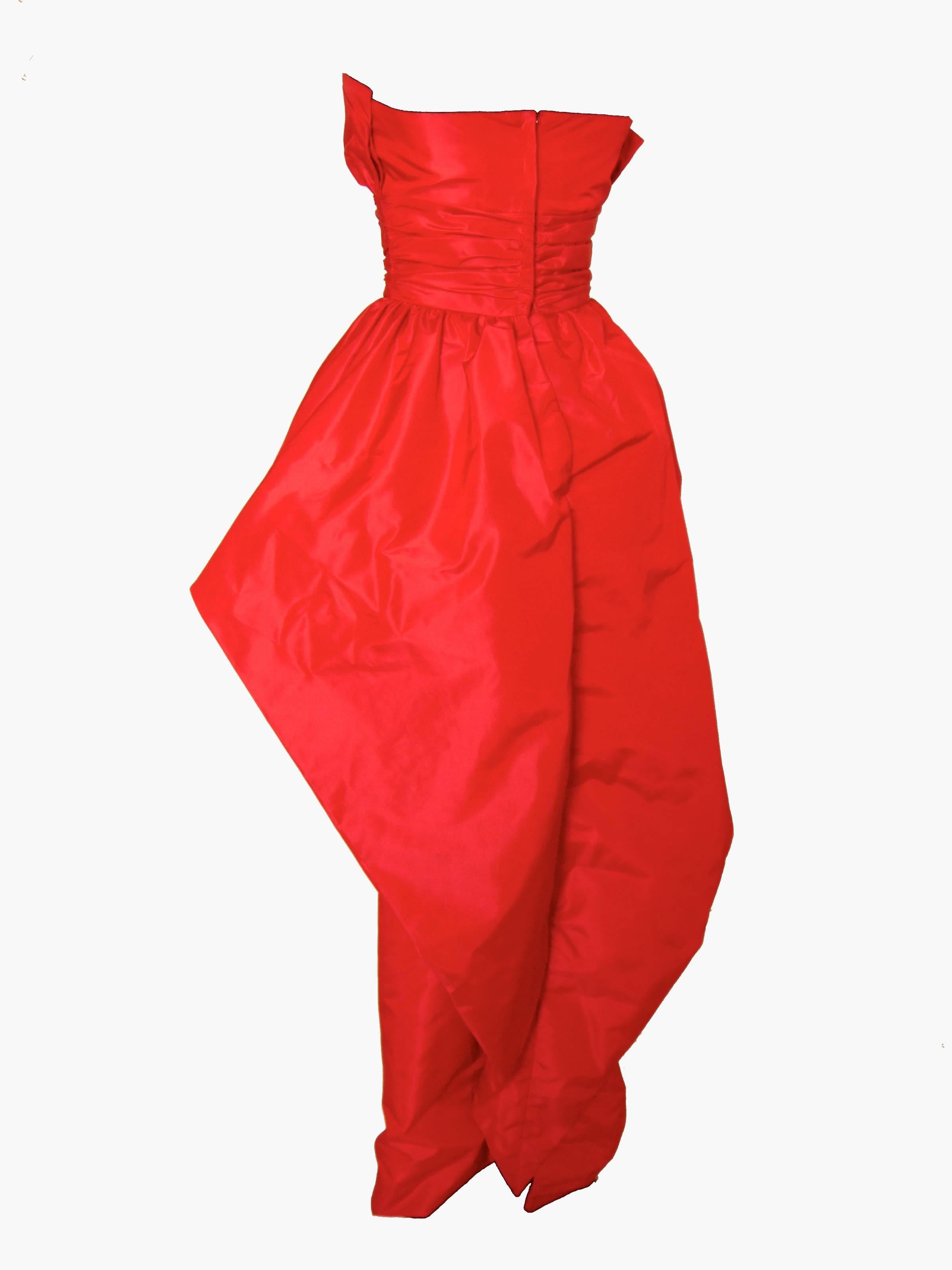 Victor Costa Bright Red Taffeta Evening Gown Strapless Sheath 1970s Size XS 1